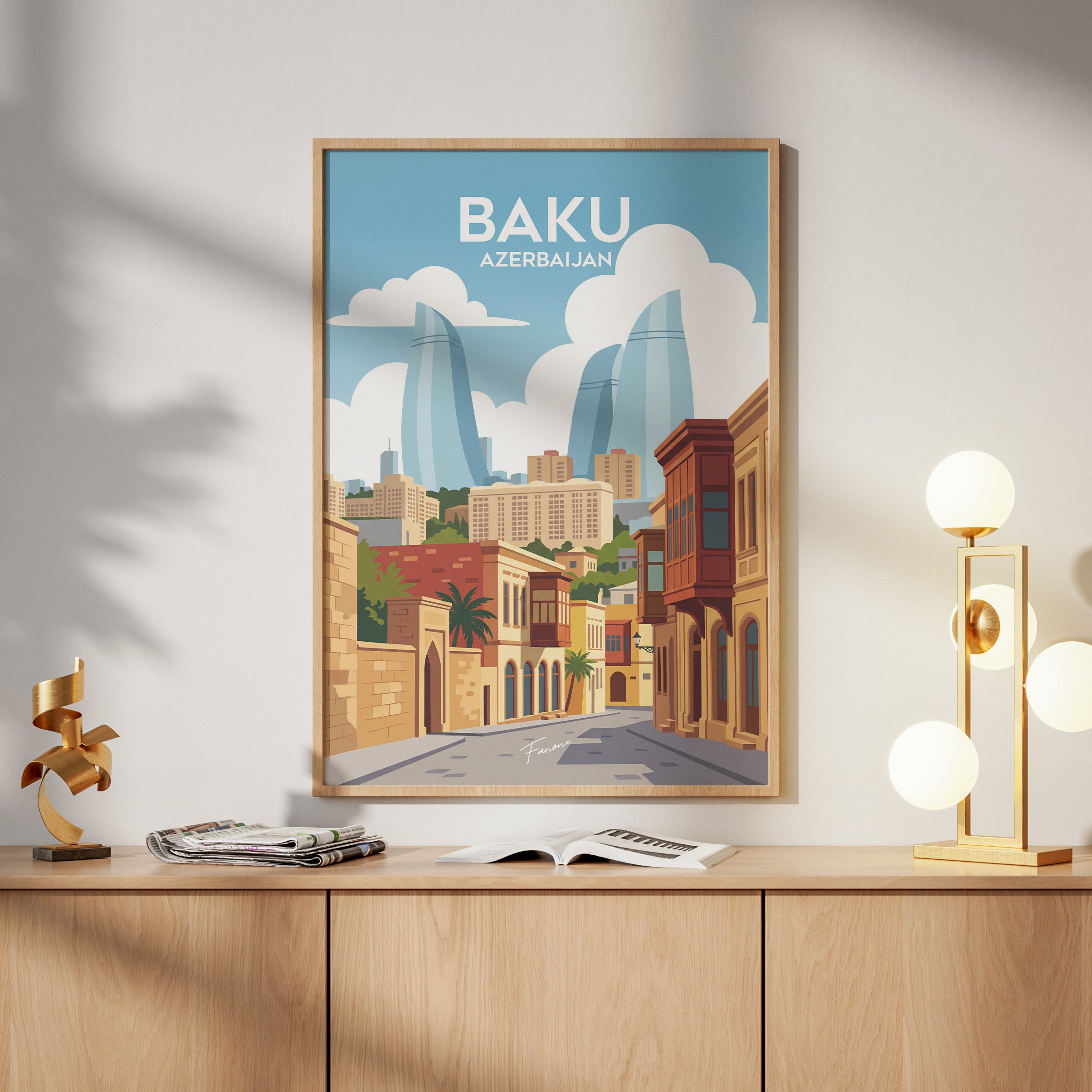 Baku Vintage Poster über Holzkommode im Wohnzimmer