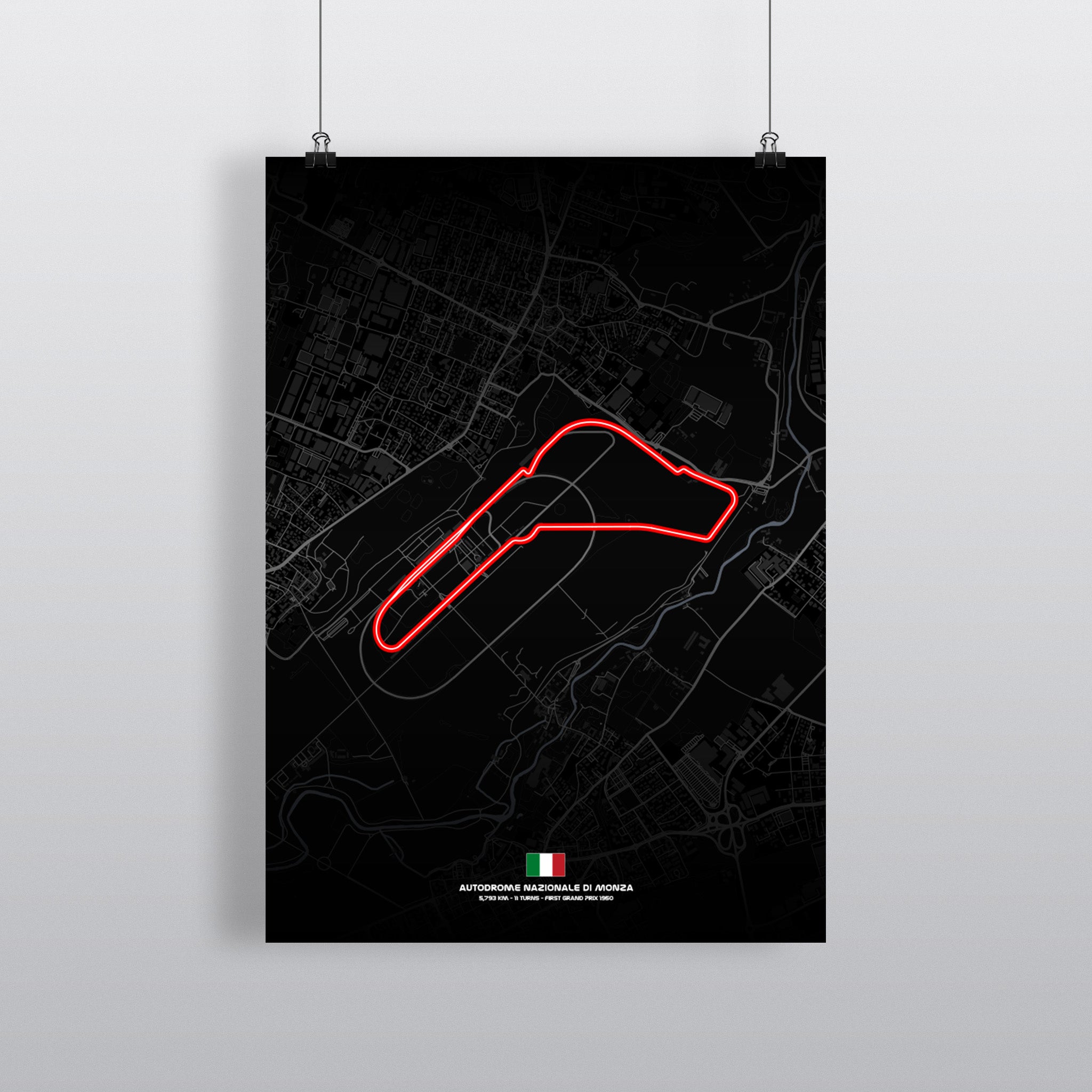 Monza Premium-Poster Dark Edition mit Streckenführung in Weiß auf Schwarz