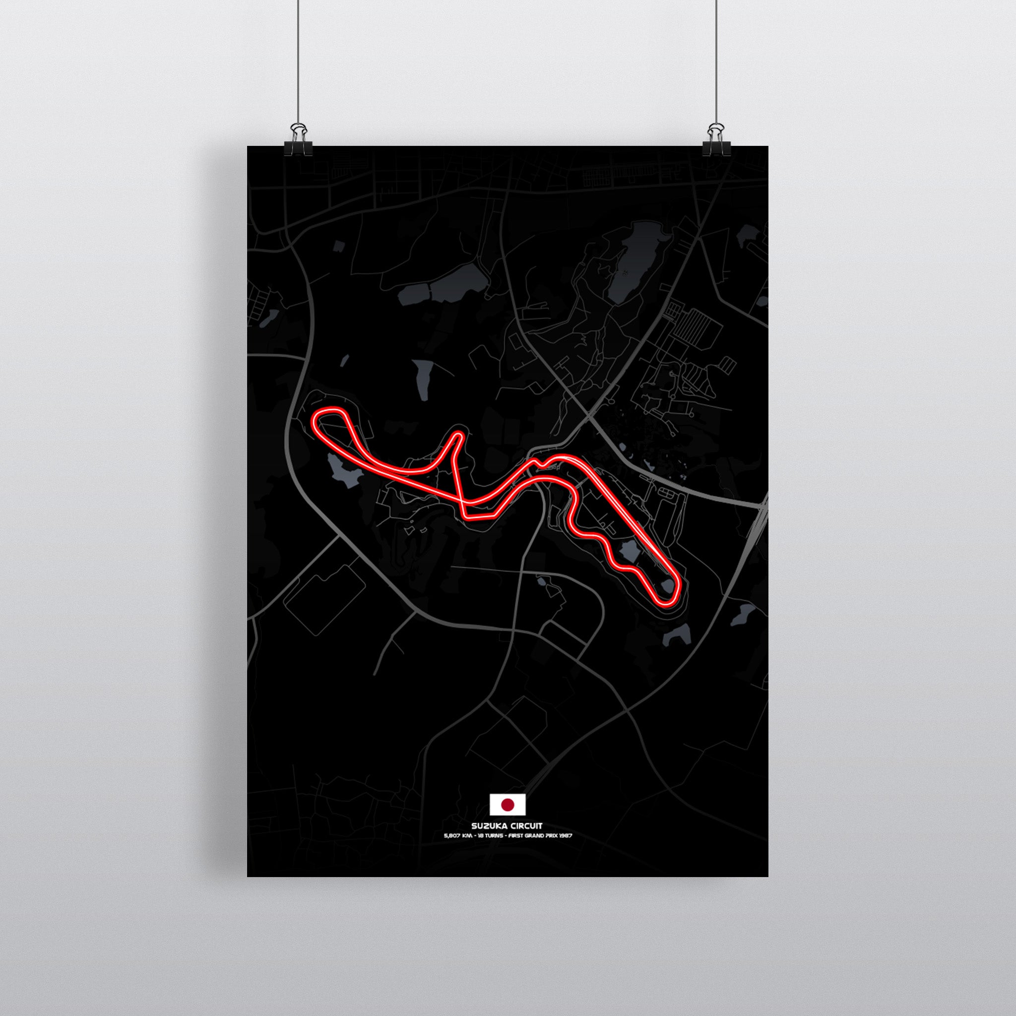 Suzuka Premium-Poster Dark Edition mit Streckenführung in Weiß auf Schwarz