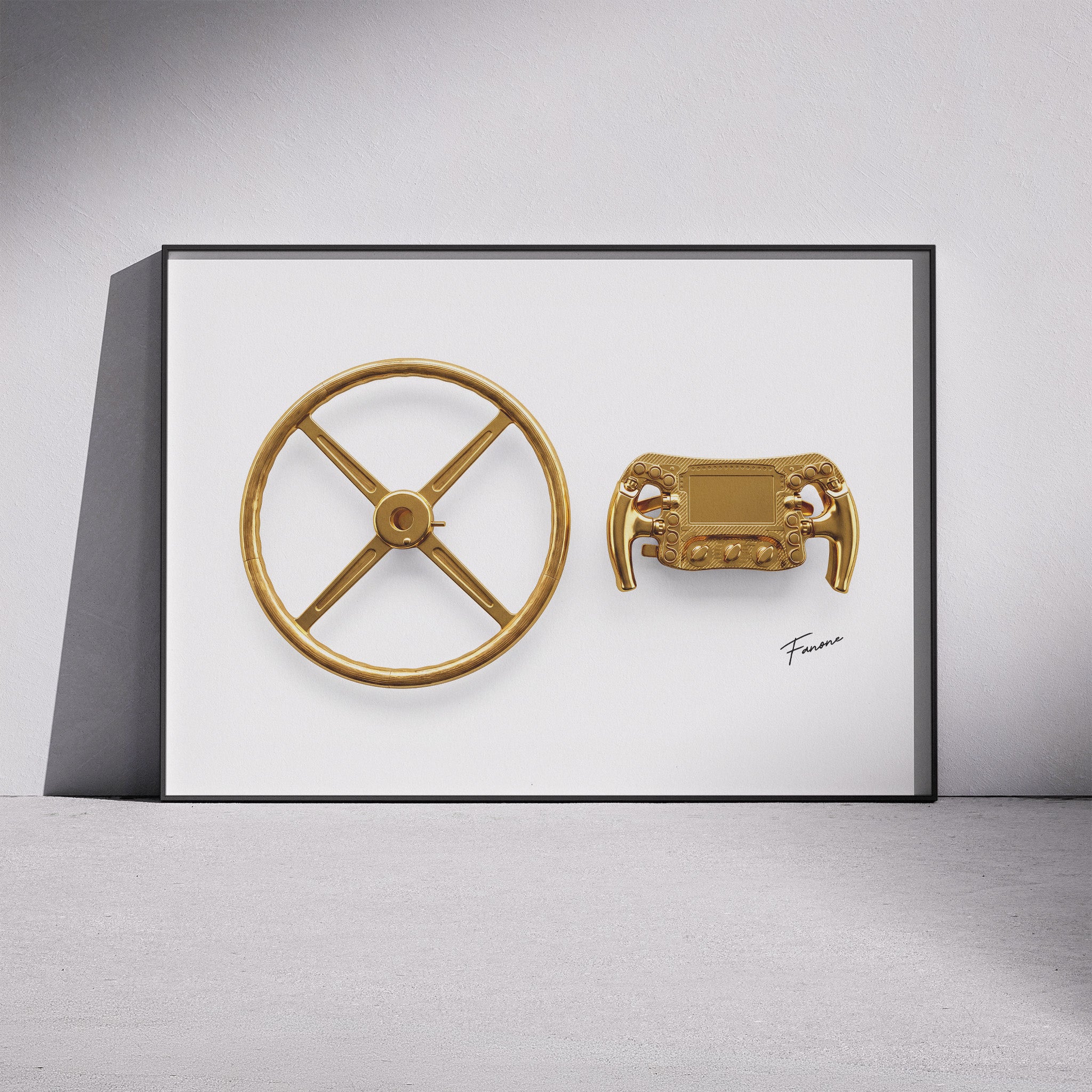 Steering Wheel Evolution Gold Poster gerahmt an Wand