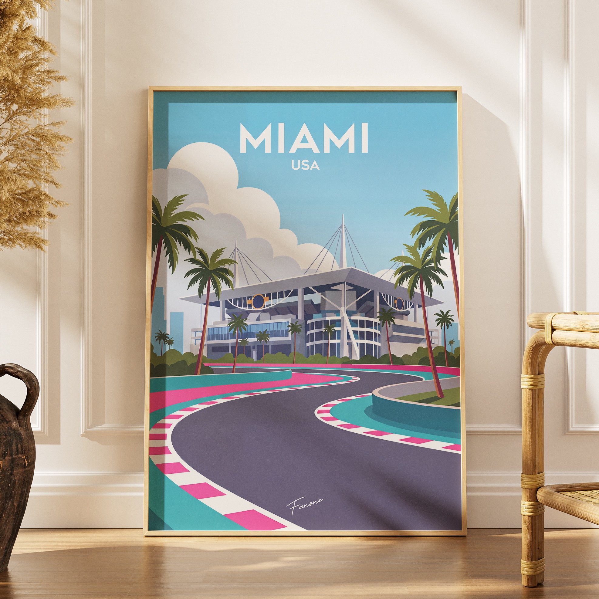 Miami Vintage Poster gerahmt an grauer Wand