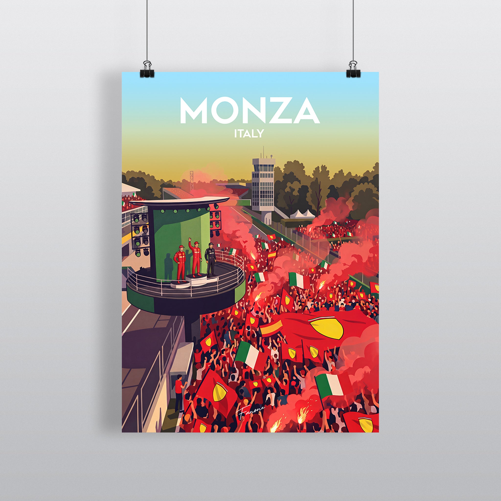 Monza Vintage Art Poster mit Tifosi-Feier am Podium