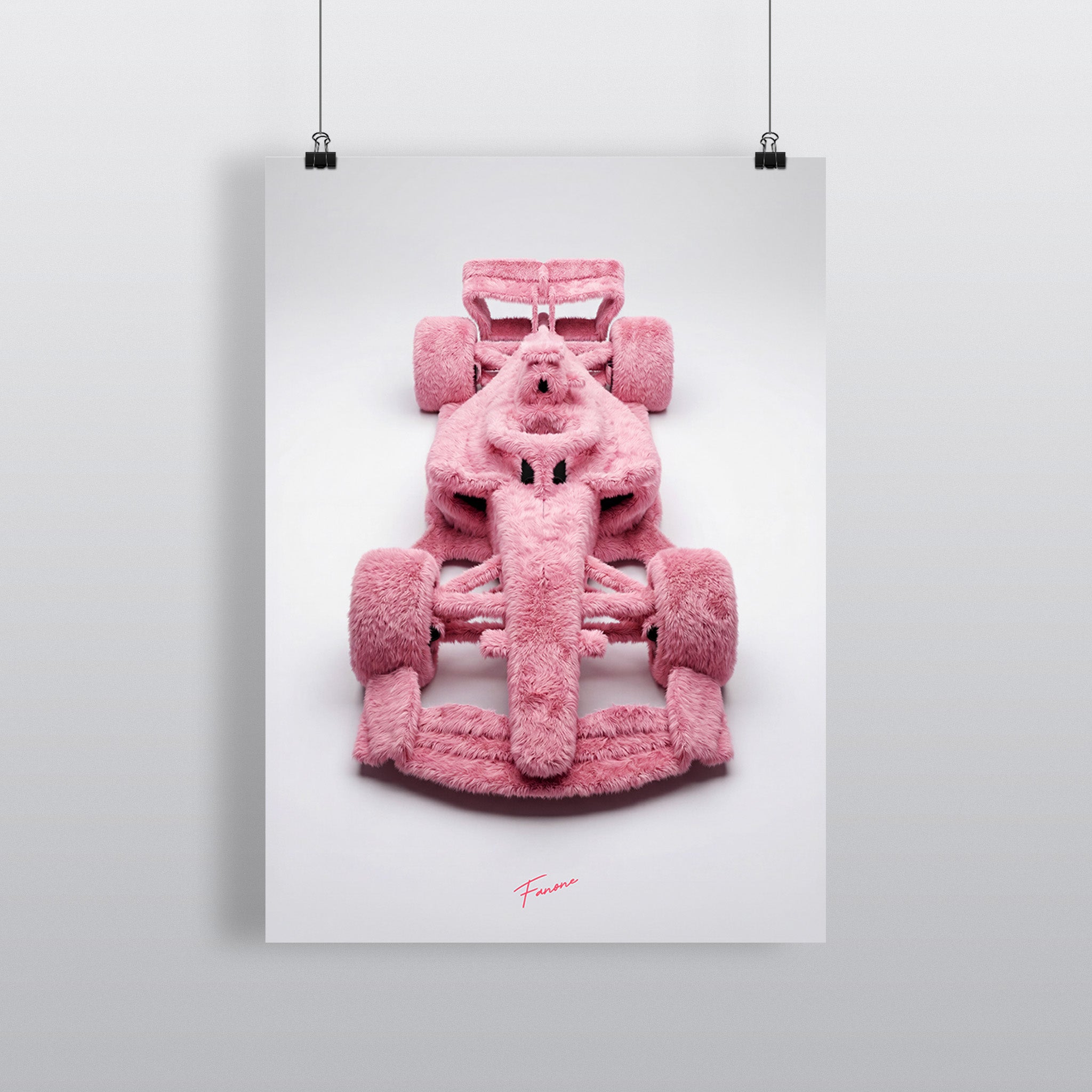 Pink Fluffy Bolide Poster – flauschiger F1-Bolide in Frontalansicht