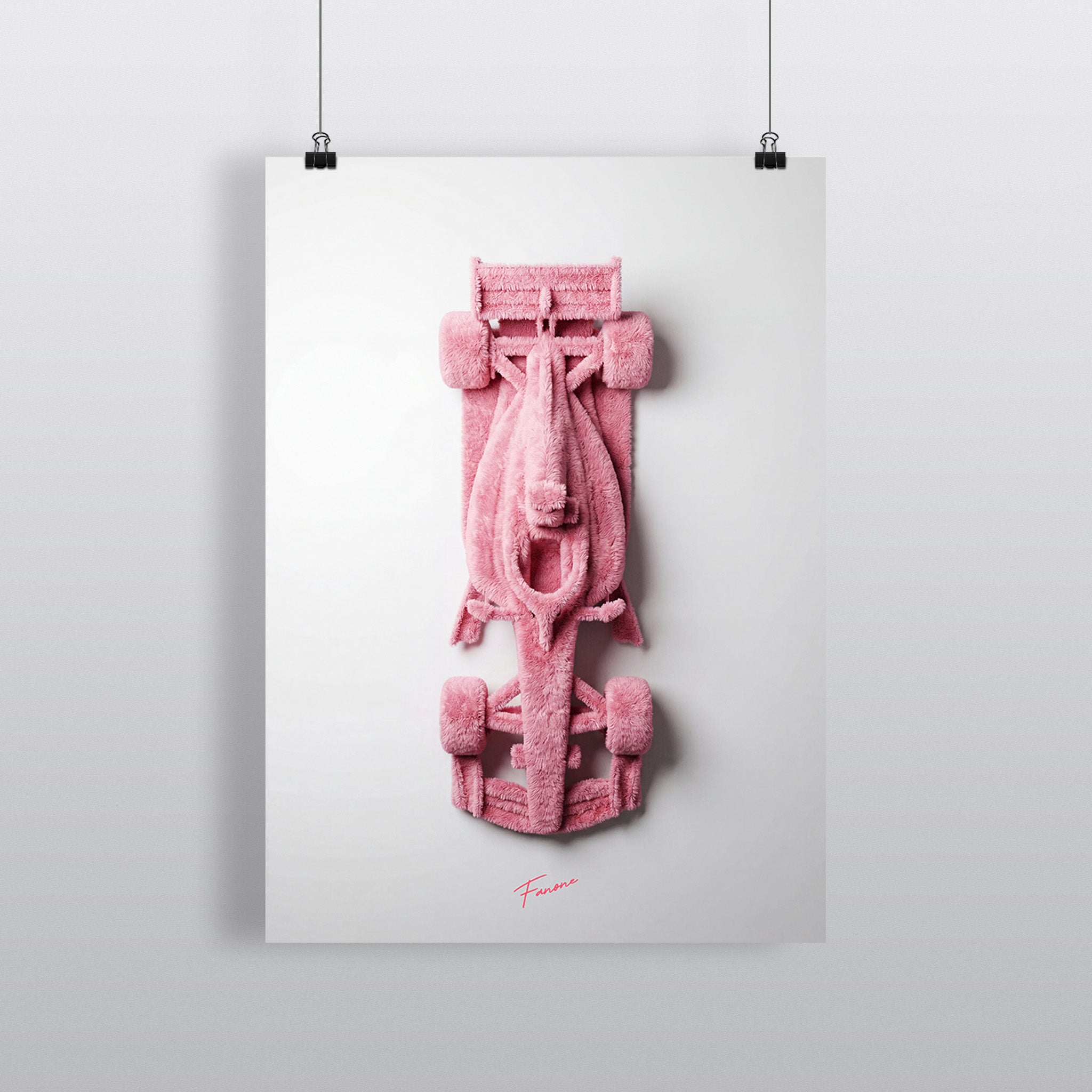 Pink Fluffy Rennwagen Poster – flauschiger F1-Bolide aus der Vogelperspektive