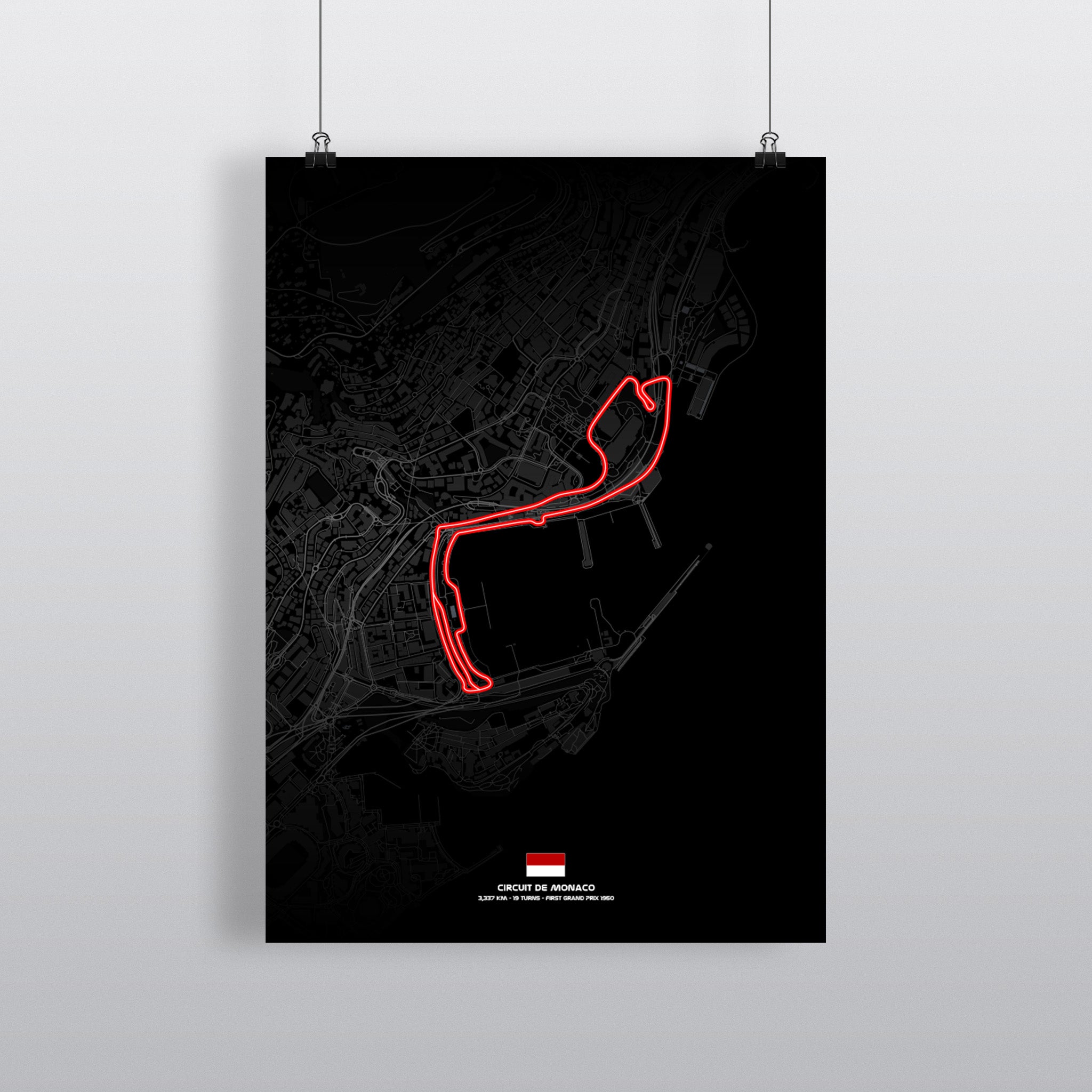 Monaco Premium-Poster Dark Edition mit Streckenführung in Weiß auf Schwarz