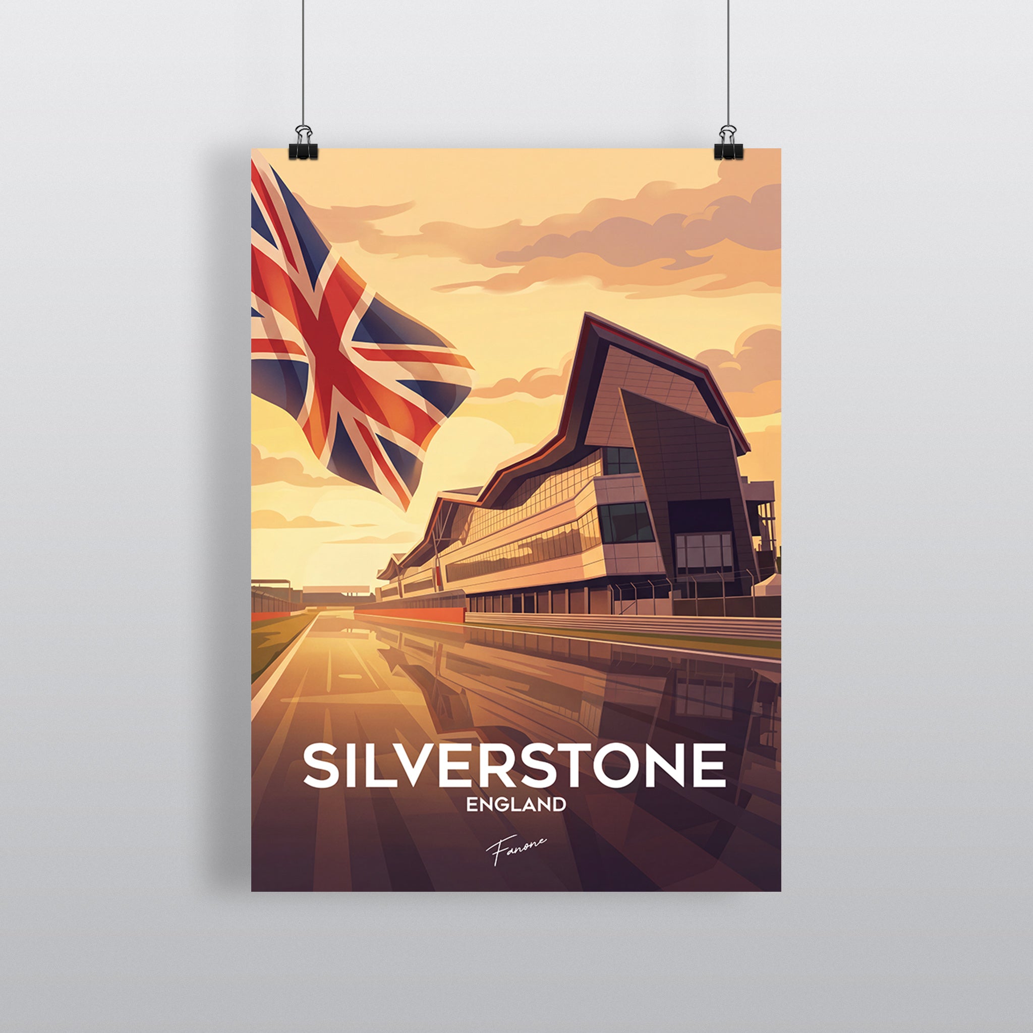 Silverstone Vintage Art Poster mit Wing-Gebäude und Union Jack