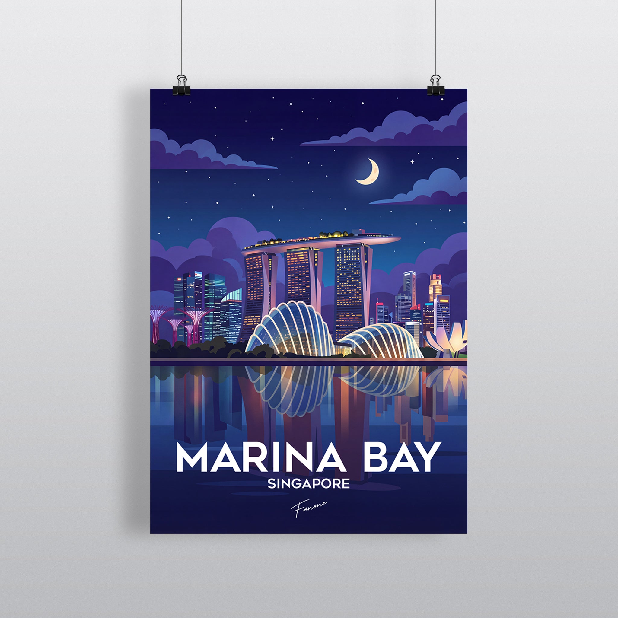 Marina Bay Singapore Vintage Art Poster mit Skyline und Supertrees bei Nacht