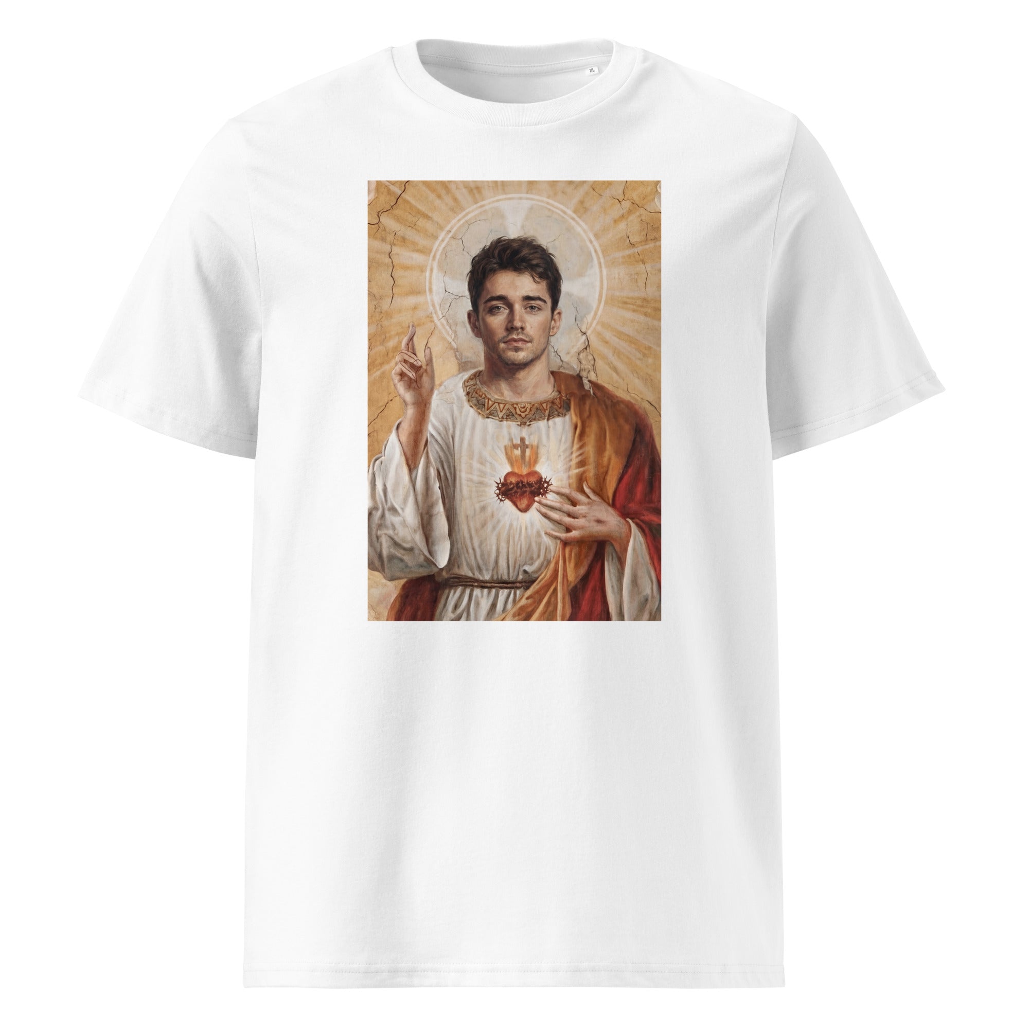 Heiliger Charles T-Shirt – weißes Bio-Baumwoll-Shirt mit Leclerc-Heiligenmotiv
