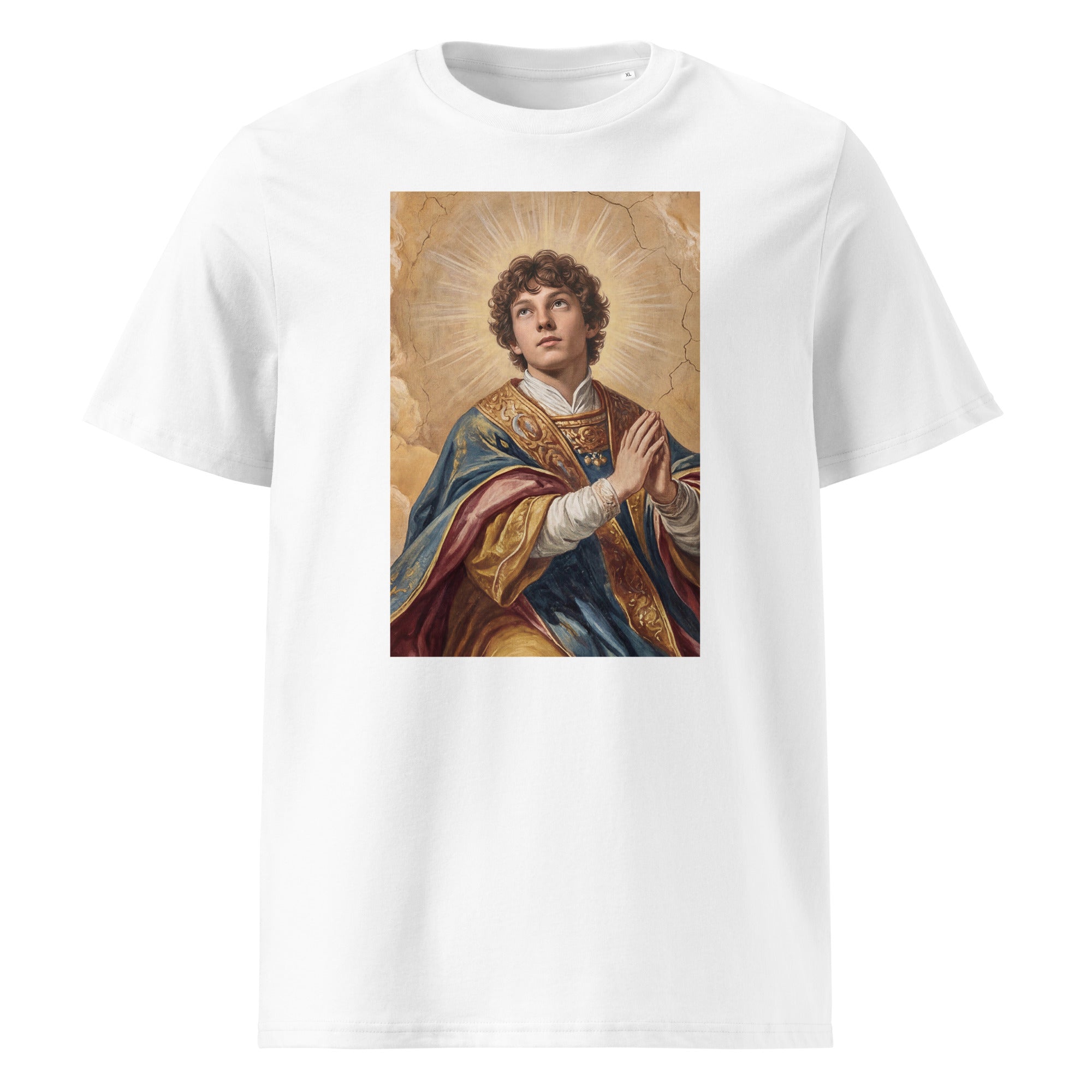 Heiliger Andrea T-Shirt – weißes Bio-Baumwoll-Shirt mit Antonelli-Heiligenmotiv