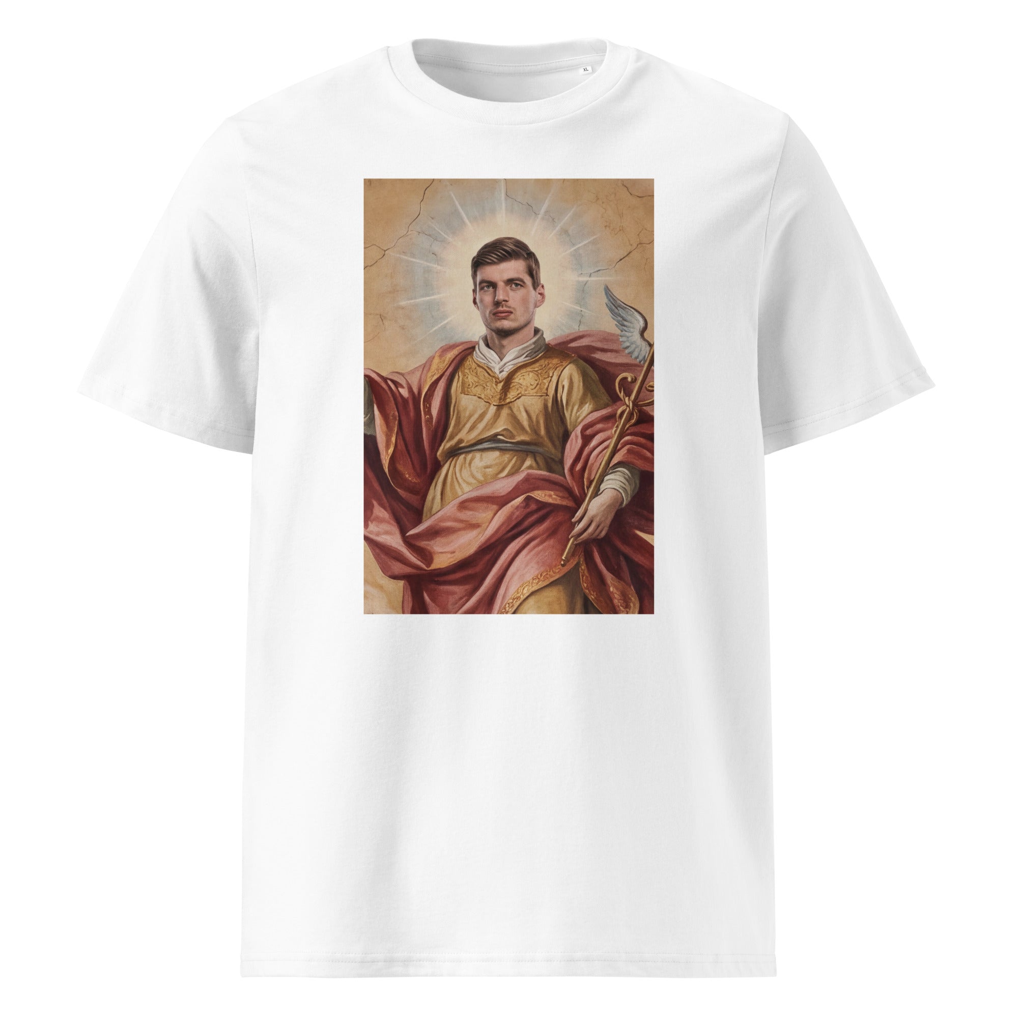 Heiliger Maximus T-Shirt – weißes Bio-Baumwoll-Shirt mit Verstappen-Heiligenmotiv