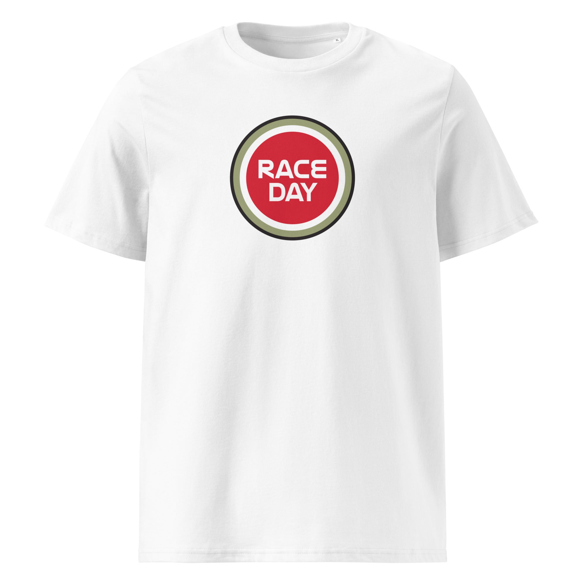 Race Day T-Shirt weiß – Vintage-Badge-Vorderansicht