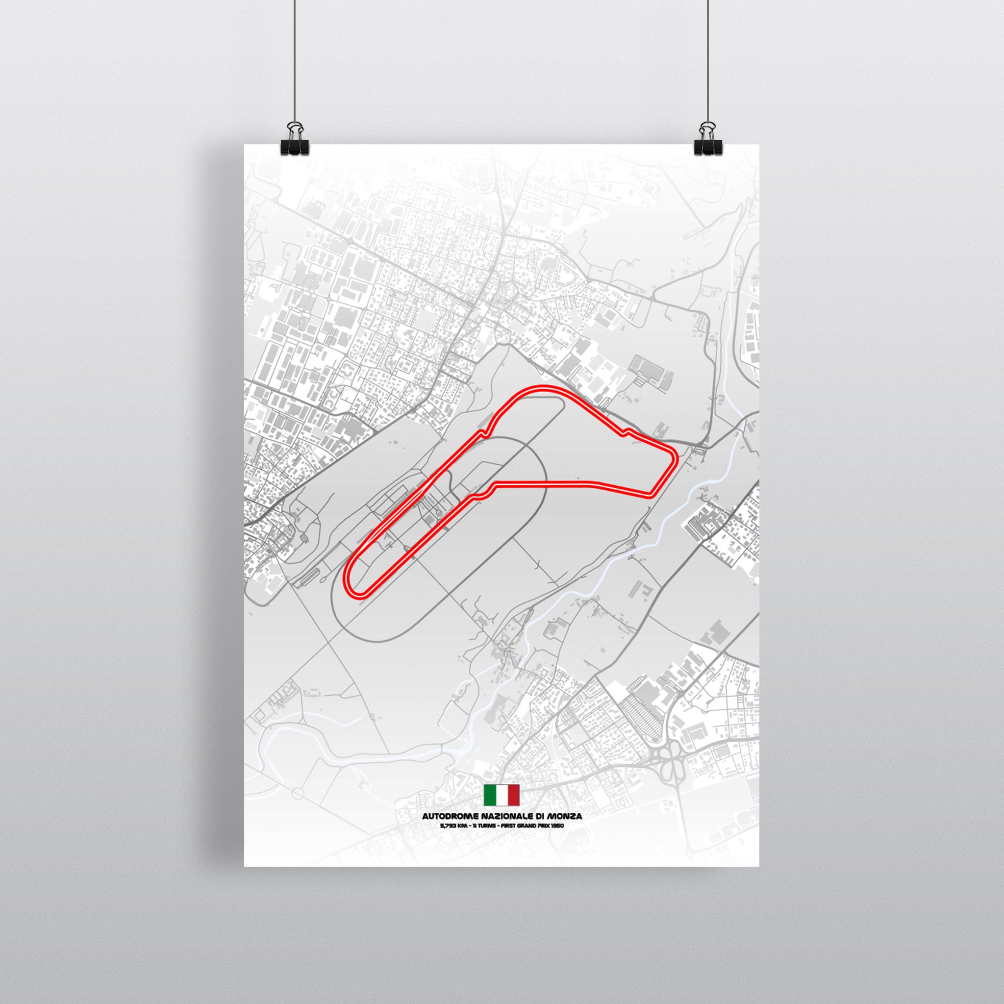 Monza Premium-Poster Light Edition mit Streckenführung in Schwarz auf Weiß