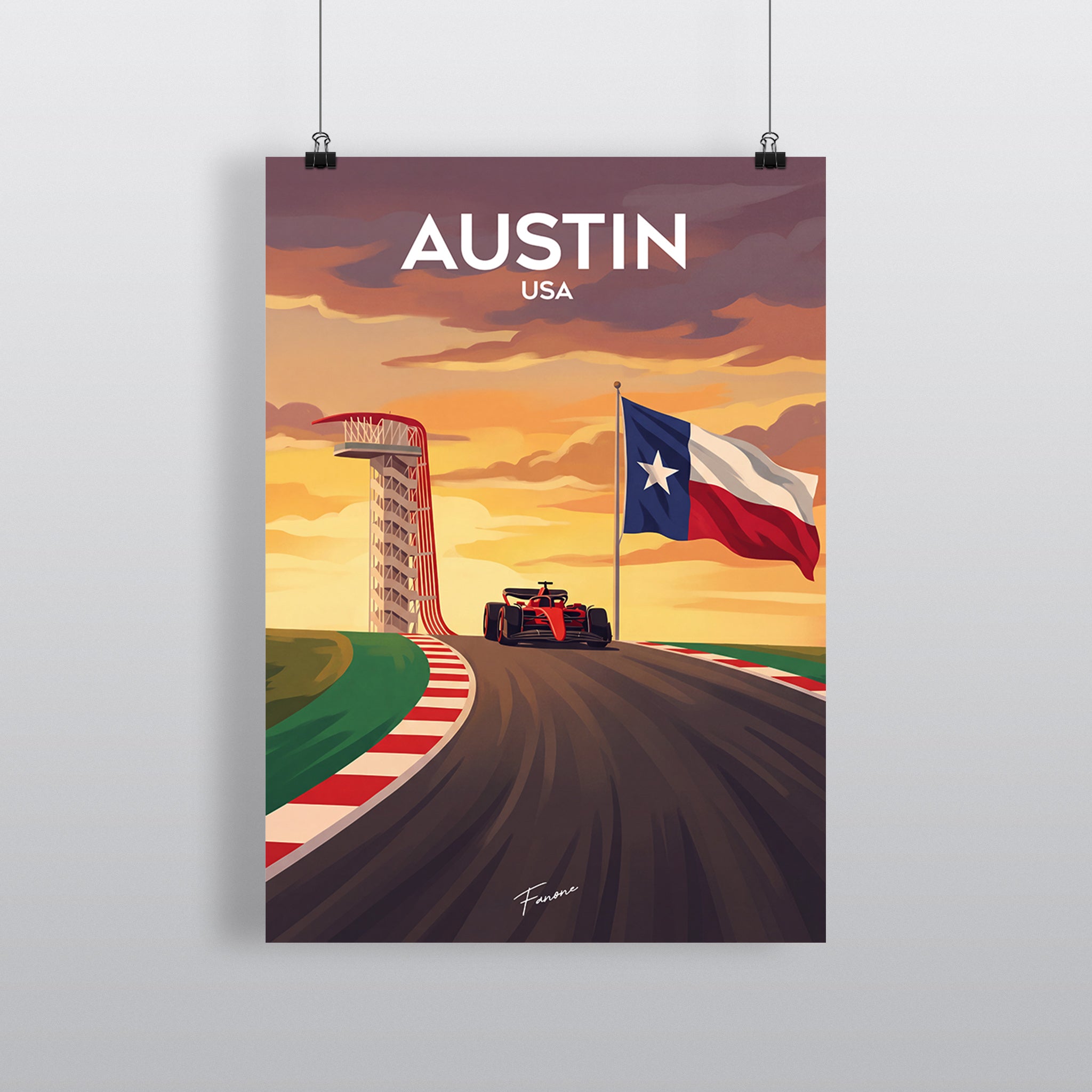 Austin Vintage Art Poster mit Observation Tower und Texas-Flagge