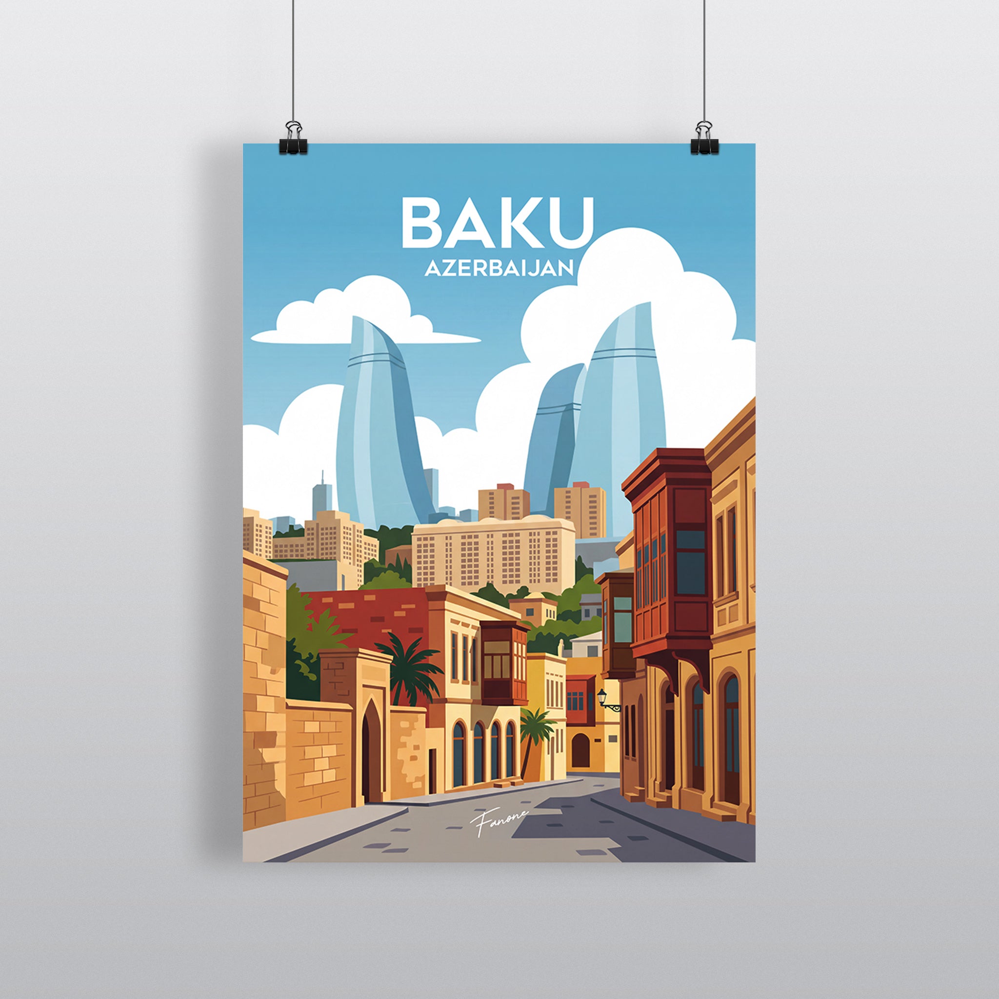 Baku Vintage Art Poster mit Flame Towers und Altstadt