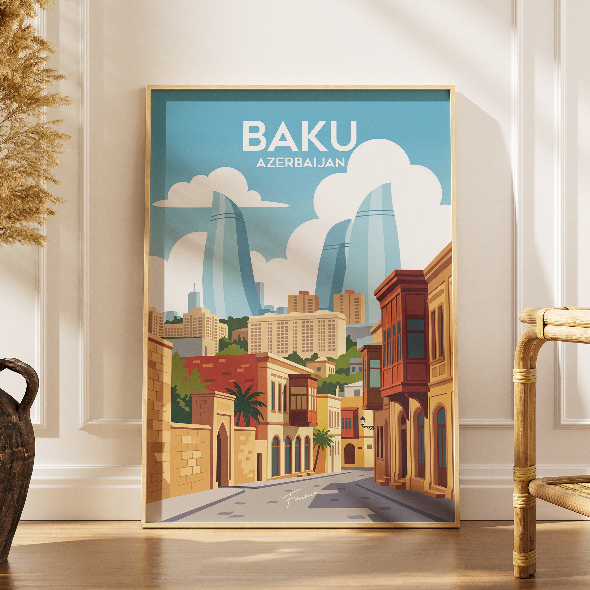 Baku Vintage Poster gerahmt an grauer Wand