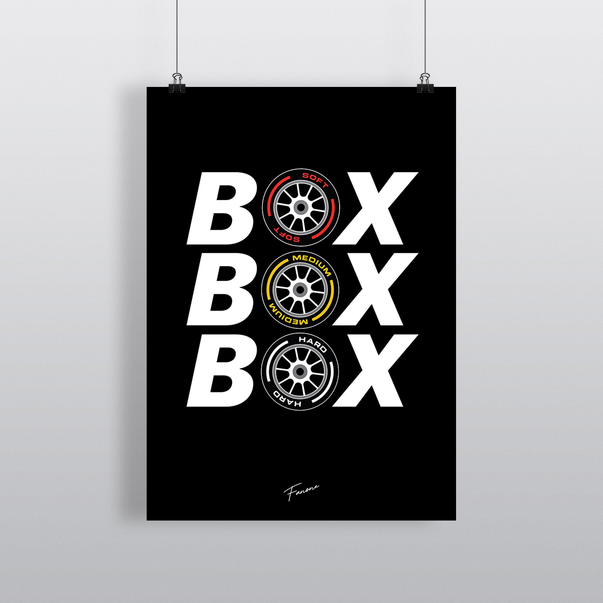 Box Box Box Poster – F1-Funkspruch mit drei Reifenmischungen