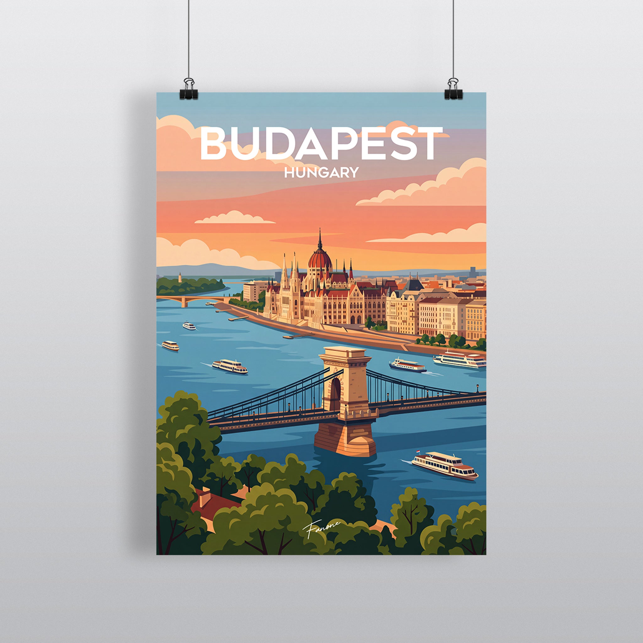 Budapest Vintage Art Poster mit Parlament und Kettenbrücke