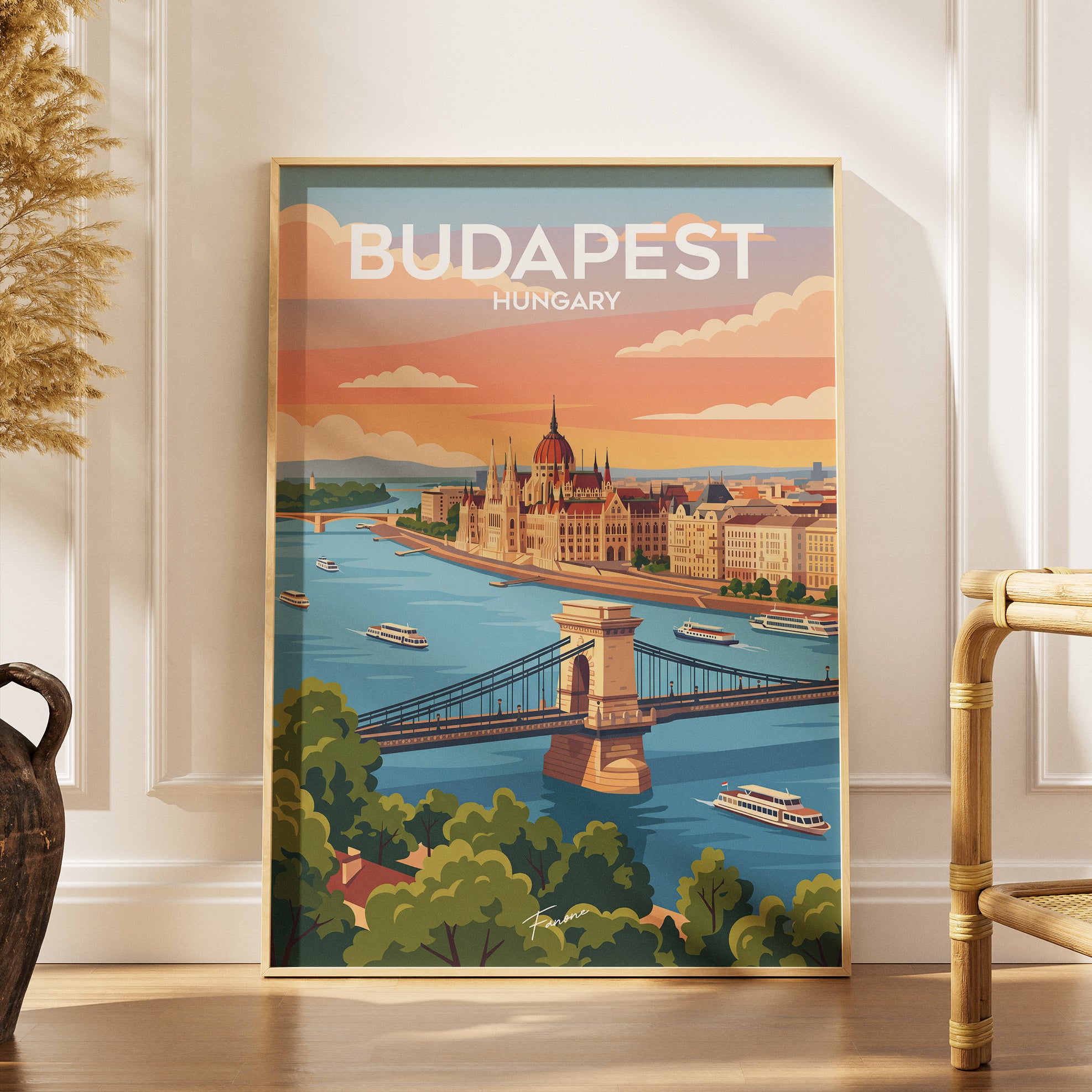 Budapest Vintage Poster gerahmt an grauer Wand