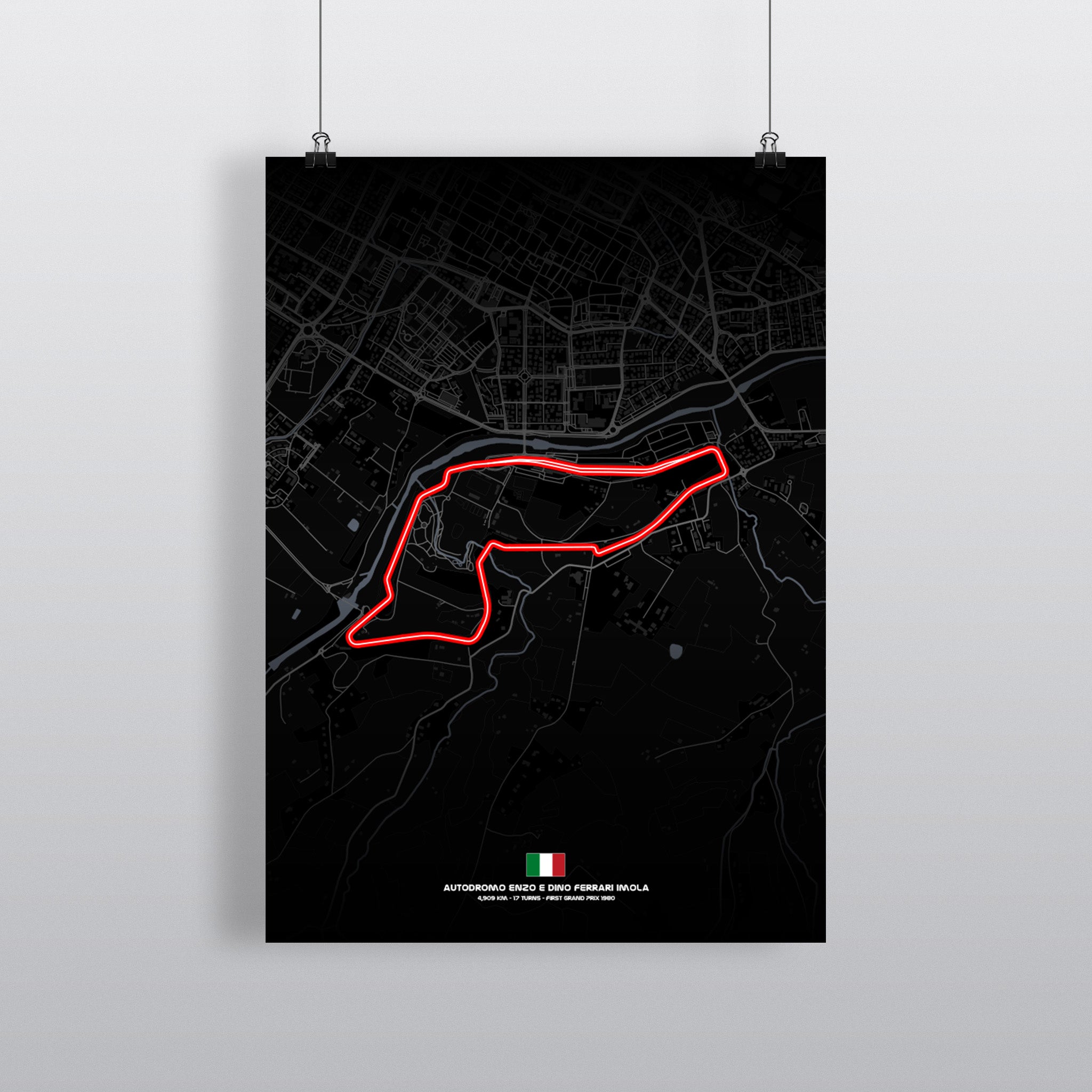 Imola Premium-Poster Dark Edition mit Streckenführung in Weiß auf Schwarz
