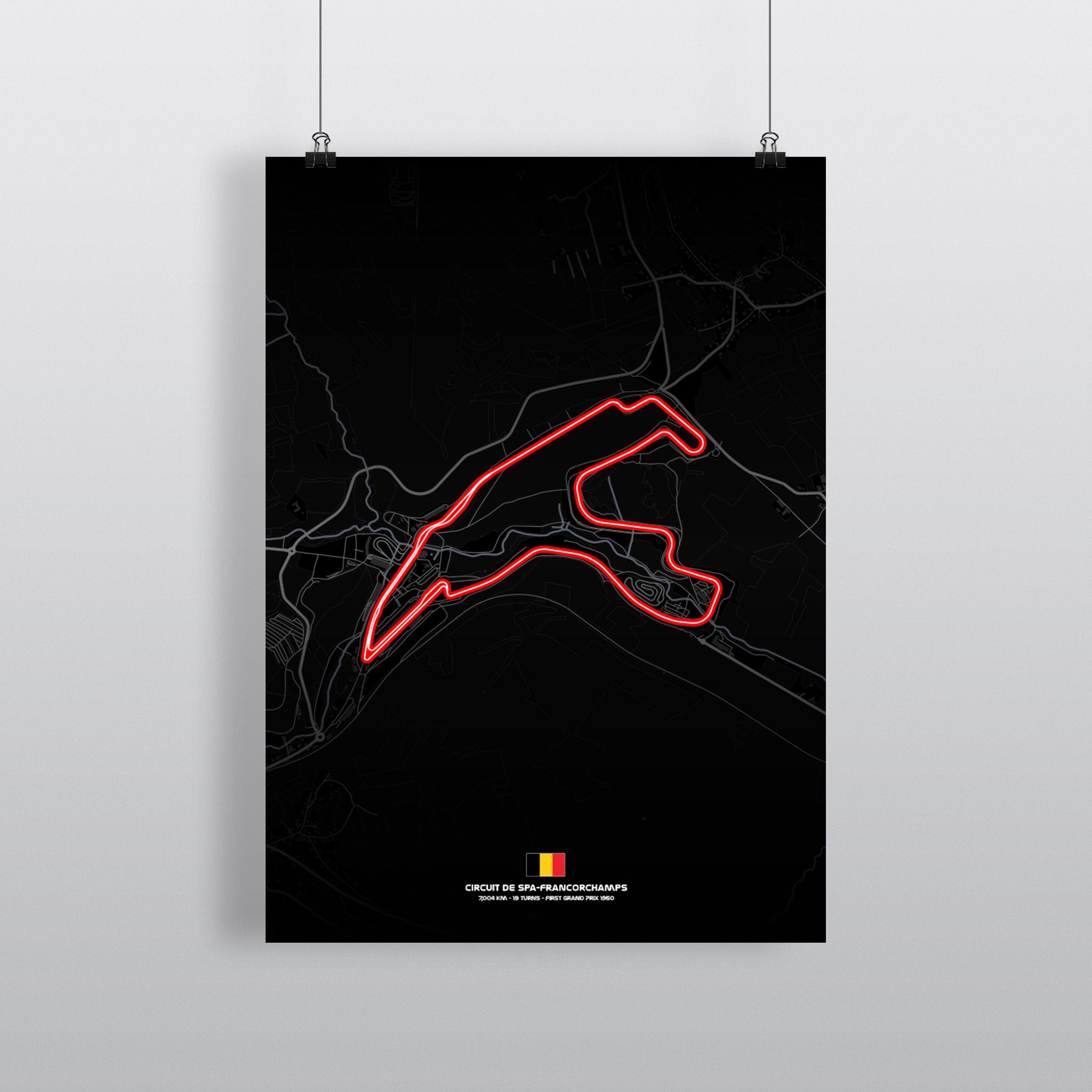 Spa Francorchamps Premium-Poster Dark Edition mit Streckenführung in Weiß auf Schwarz