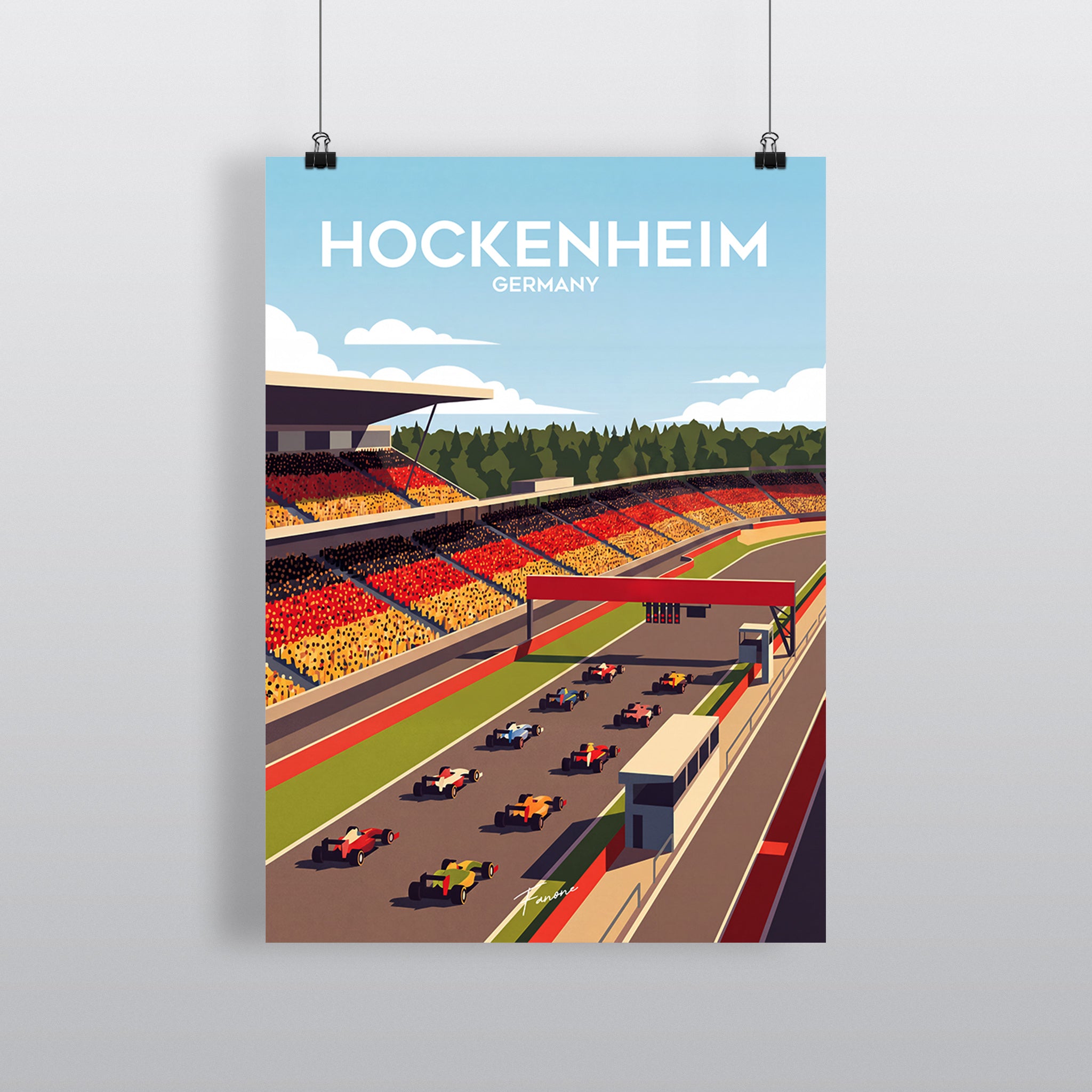 Hockenheim Vintage Art Poster mit Motodrom-Stadion und deutschen Fanblöcken