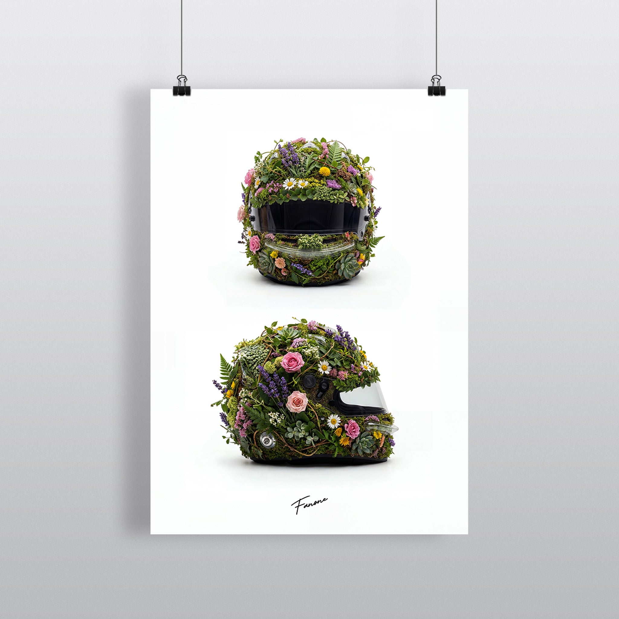 Floral Helmet Poster – F1-Helm aus zwei Perspektiven von Natur erobert