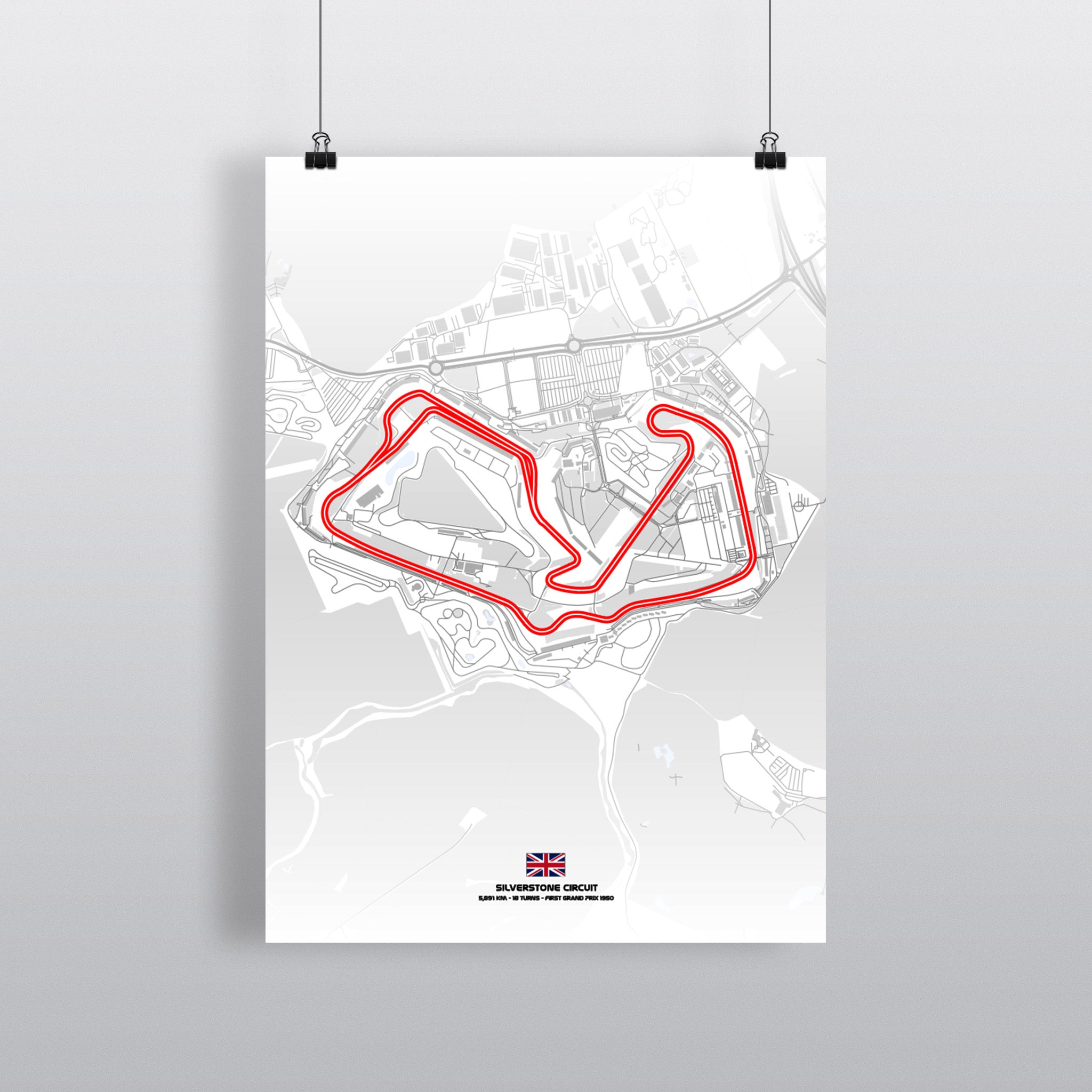 Silverstone Premium-Poster Light Edition mit Streckenführung in Schwarz auf Weiß