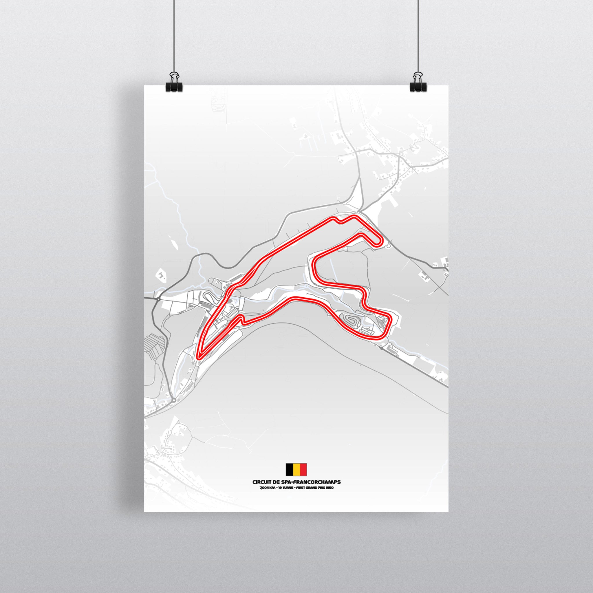 Spa Francorchamps Premium-Poster Light Edition mit Streckenführung in Schwarz auf Weiß