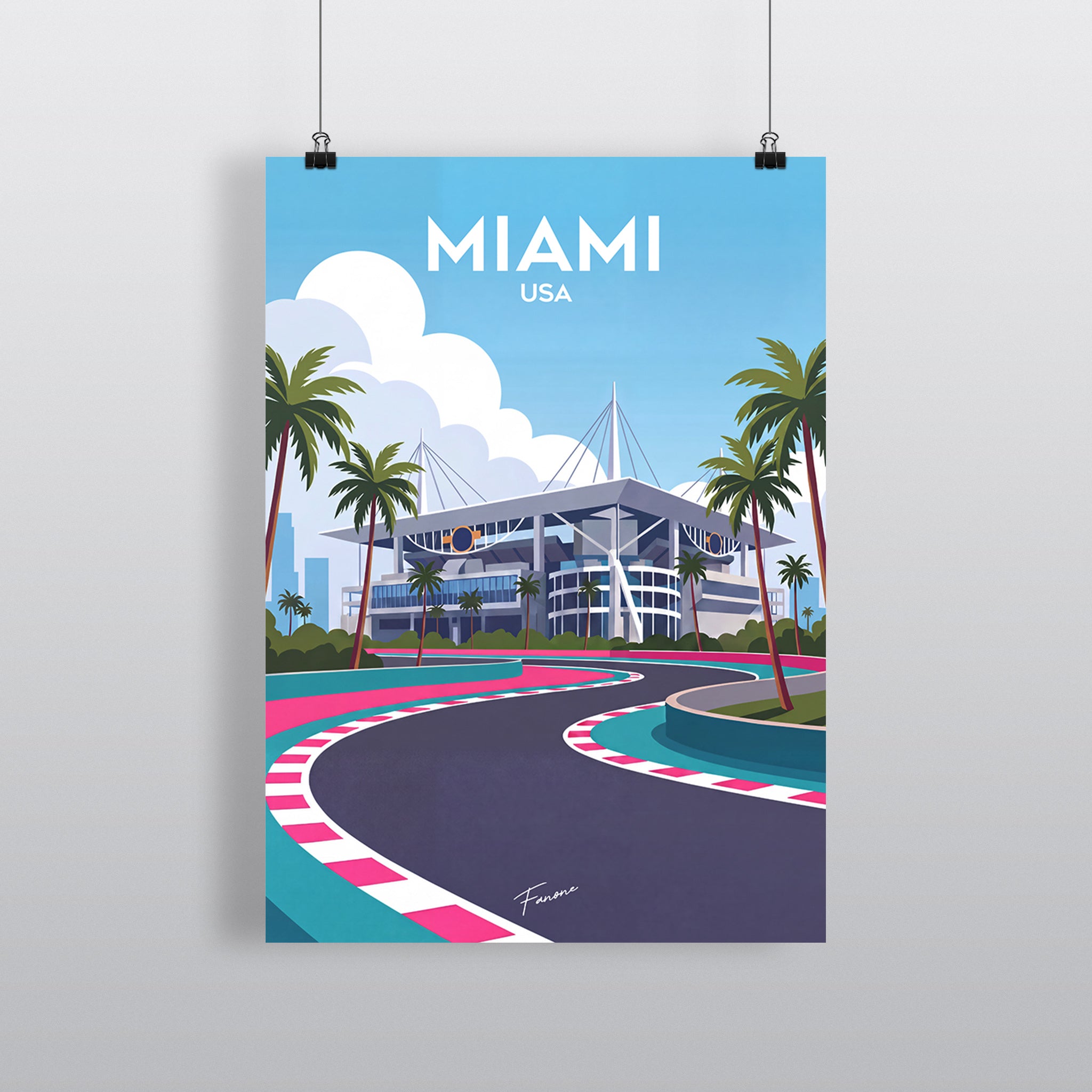 Miami Vintage Art Poster mit Hard Rock Stadium und Palmen