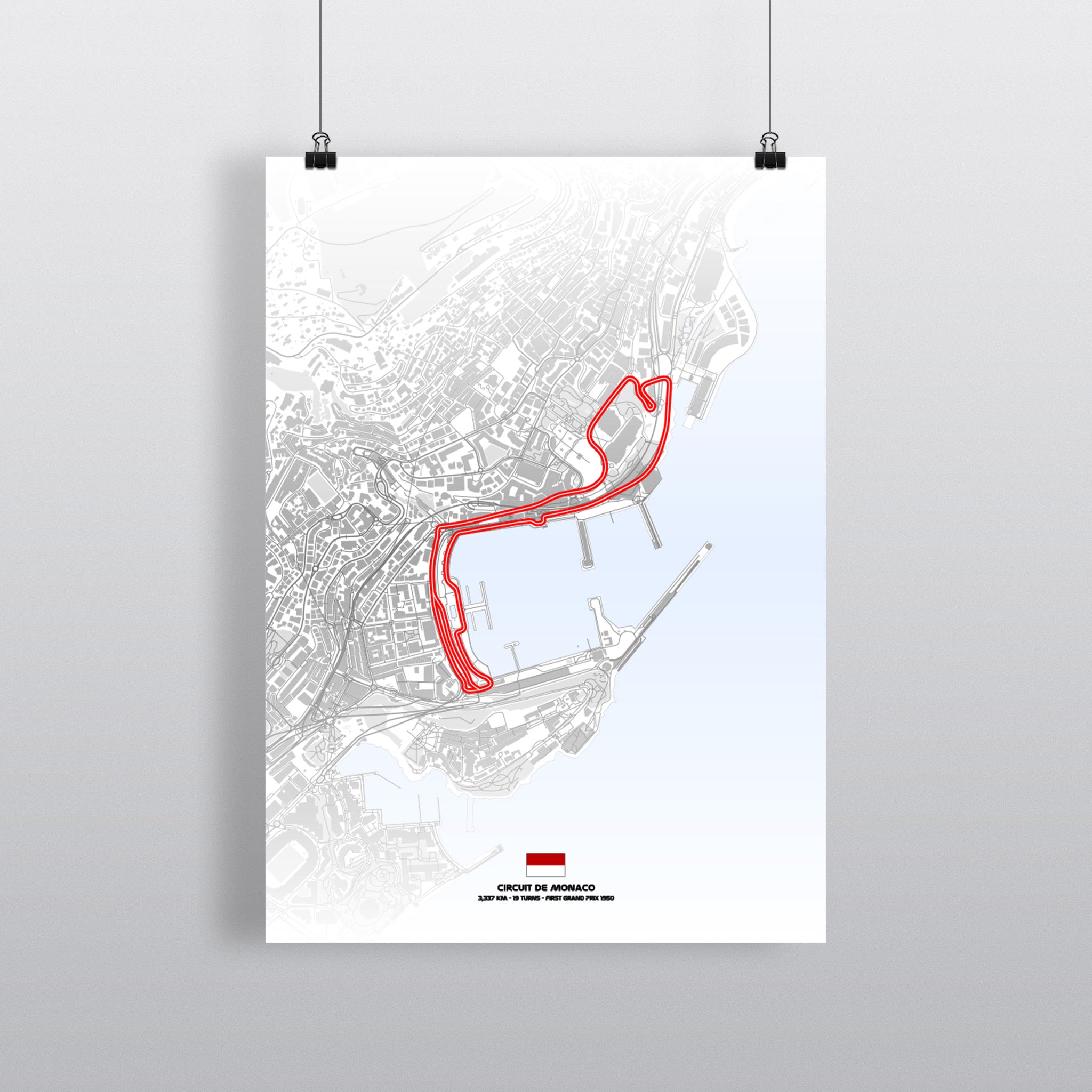 Monaco Premium-Poster Light Edition mit Streckenführung in Schwarz auf Weiß