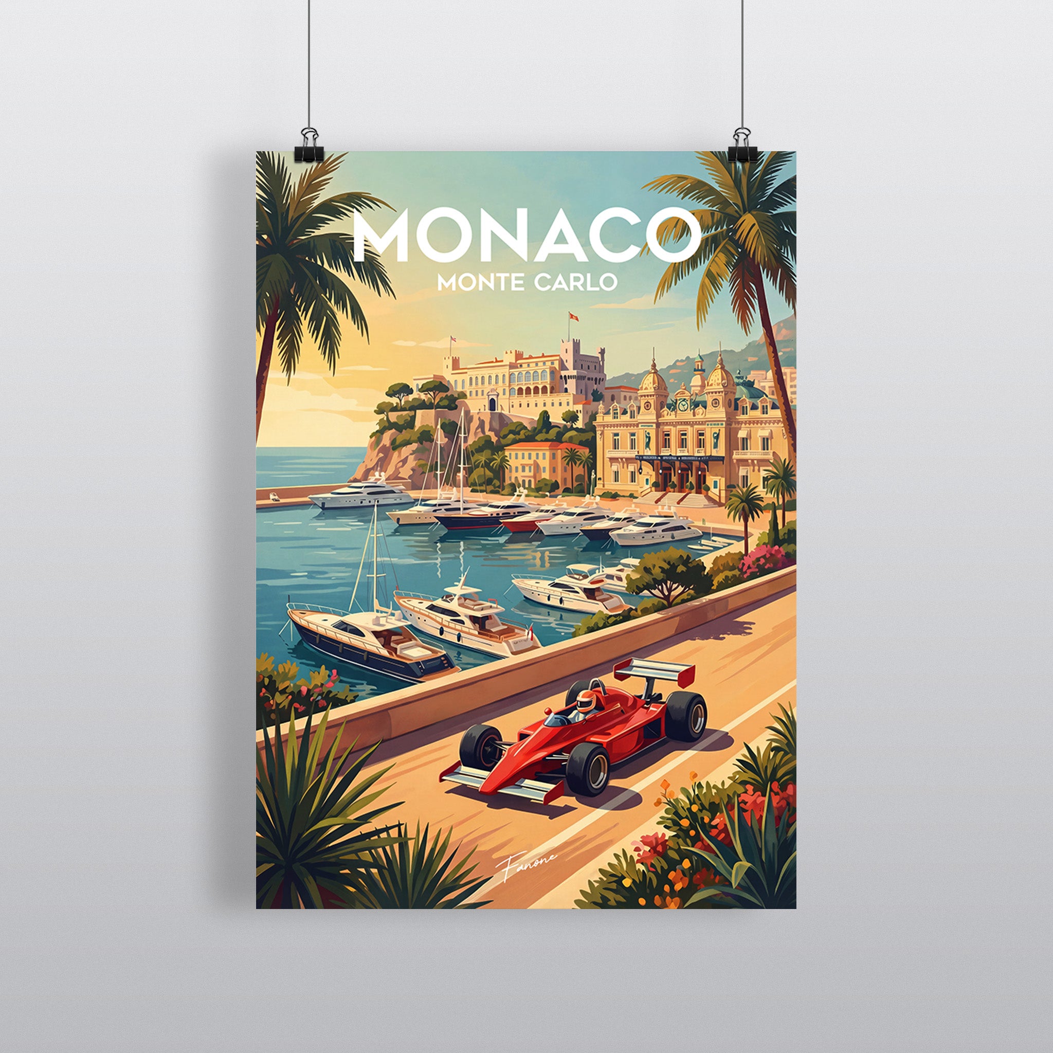 Monaco Vintage Art Poster mit Hafen, Casino und F1-Boliden
