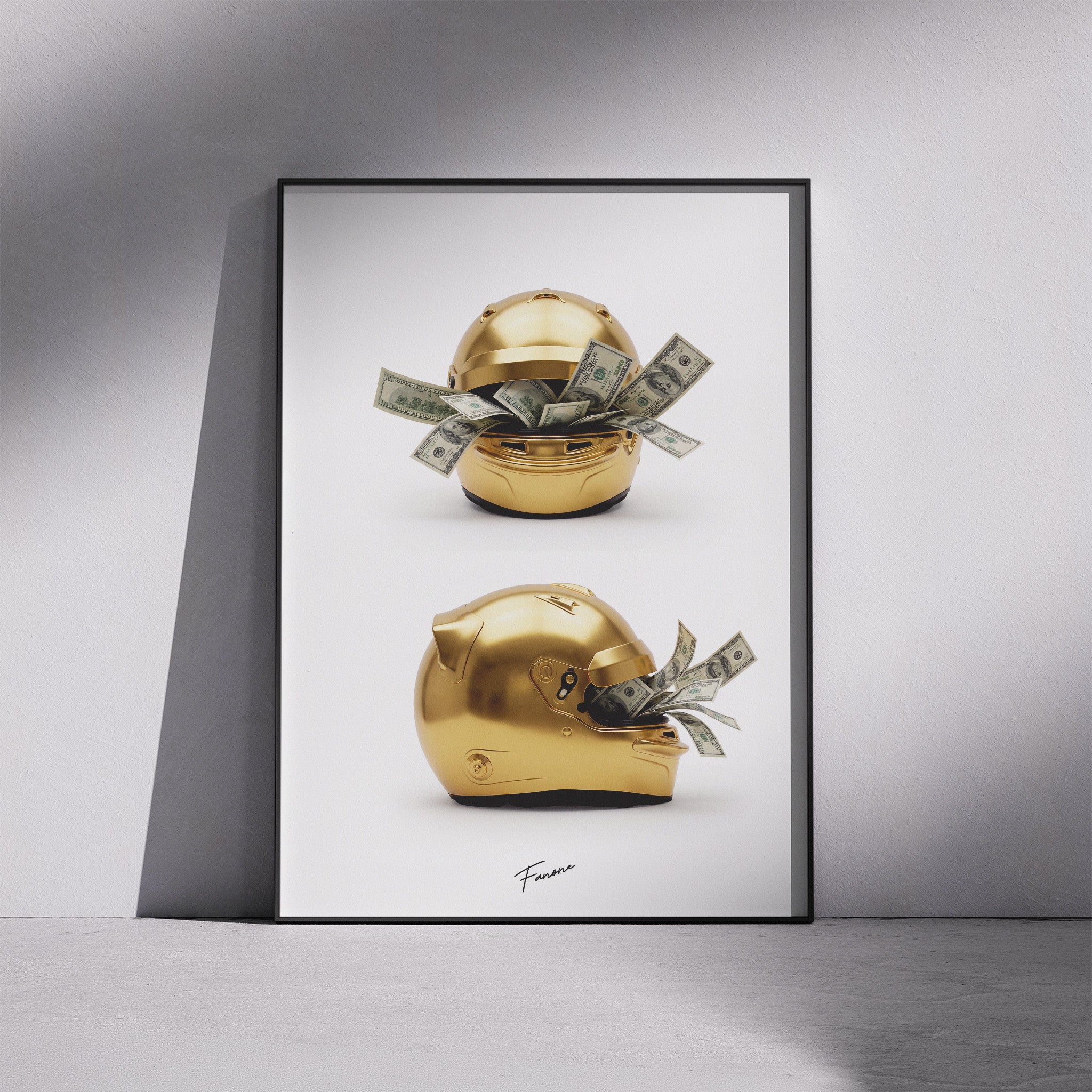 Pay Driver Helm Gold Poster gerahmt an Wand