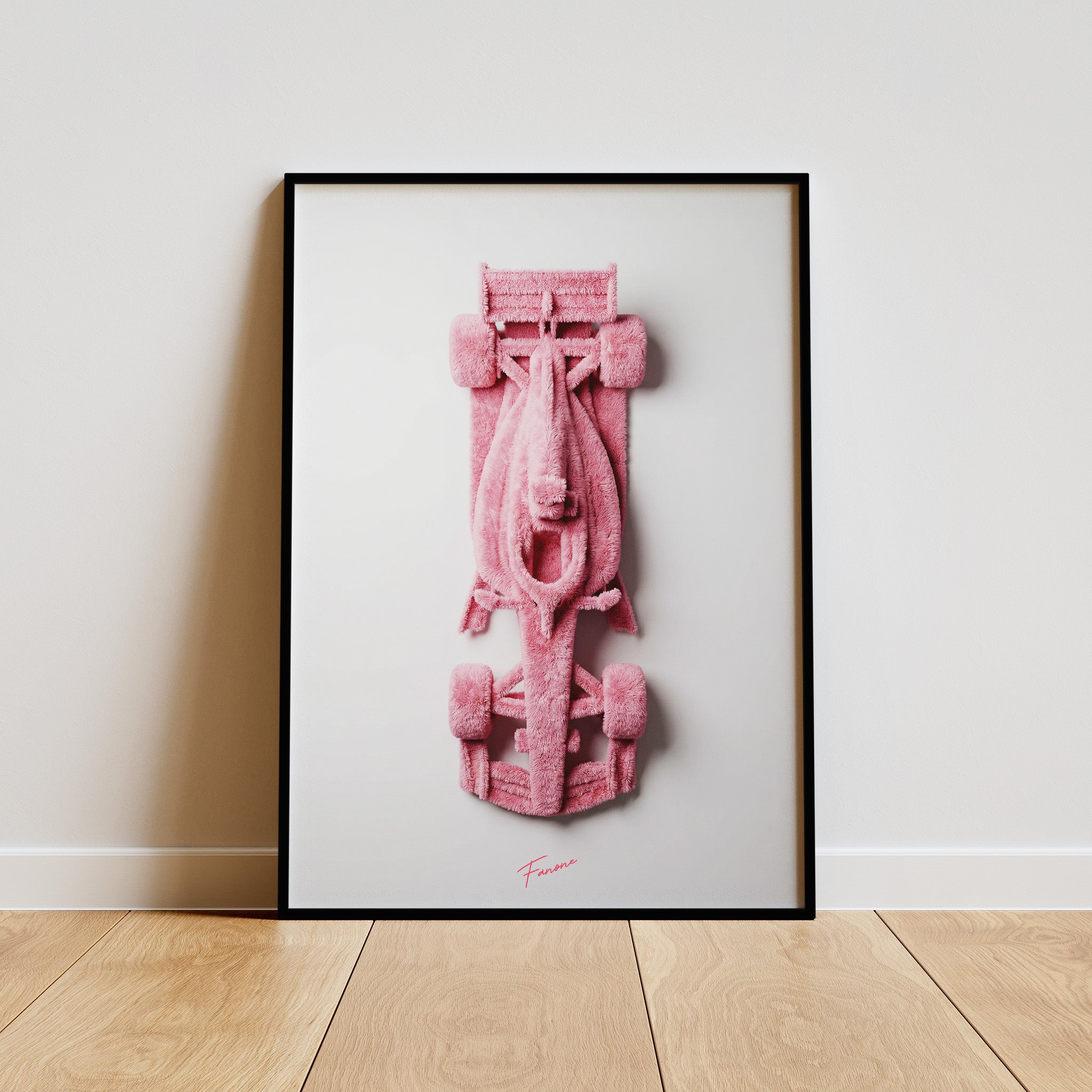 Pink Fluffy Rennwagen Poster gerahmt an der Wand