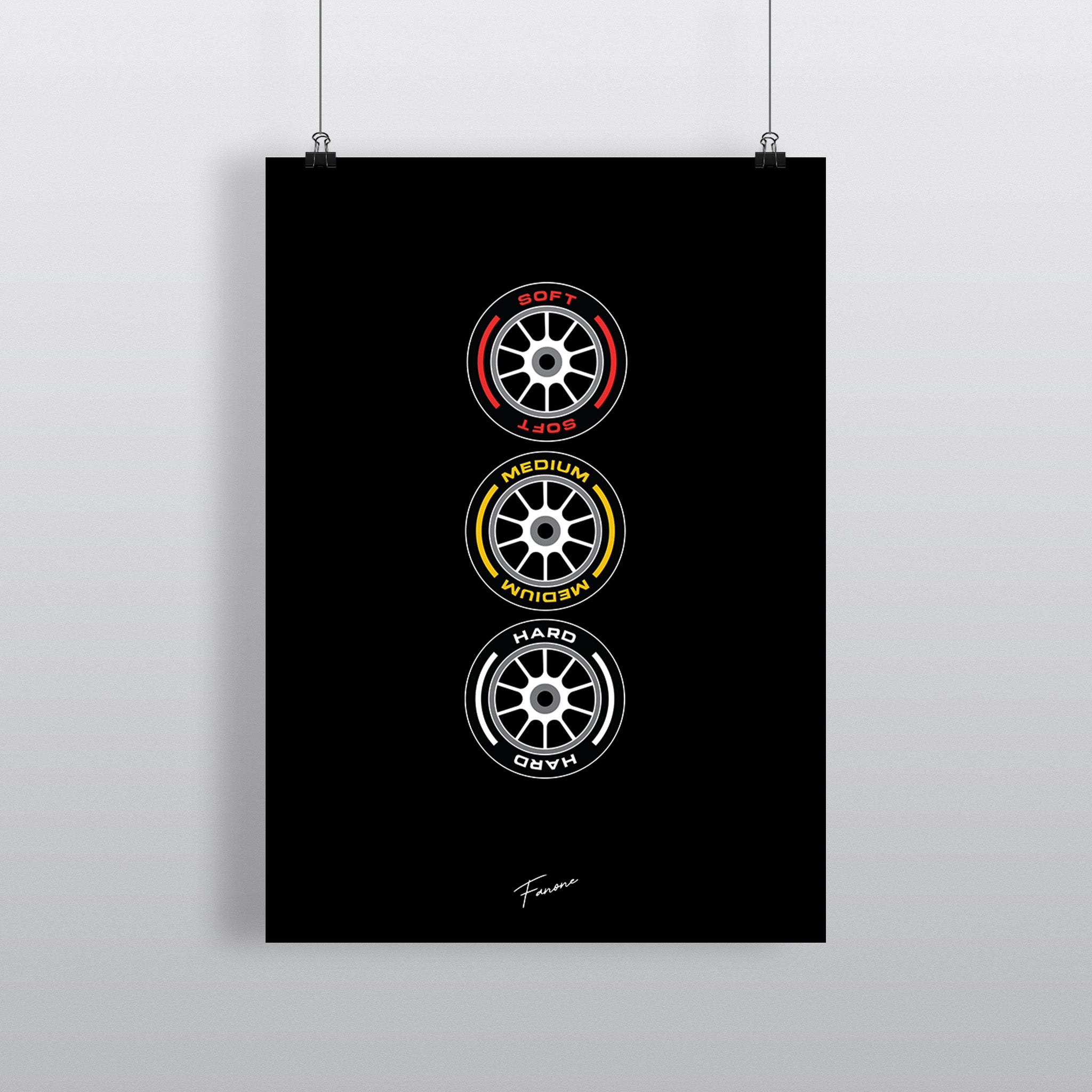 Soft Medium Hard Poster Dark Edition – drei F1-Reifenmischungen auf Schwarz