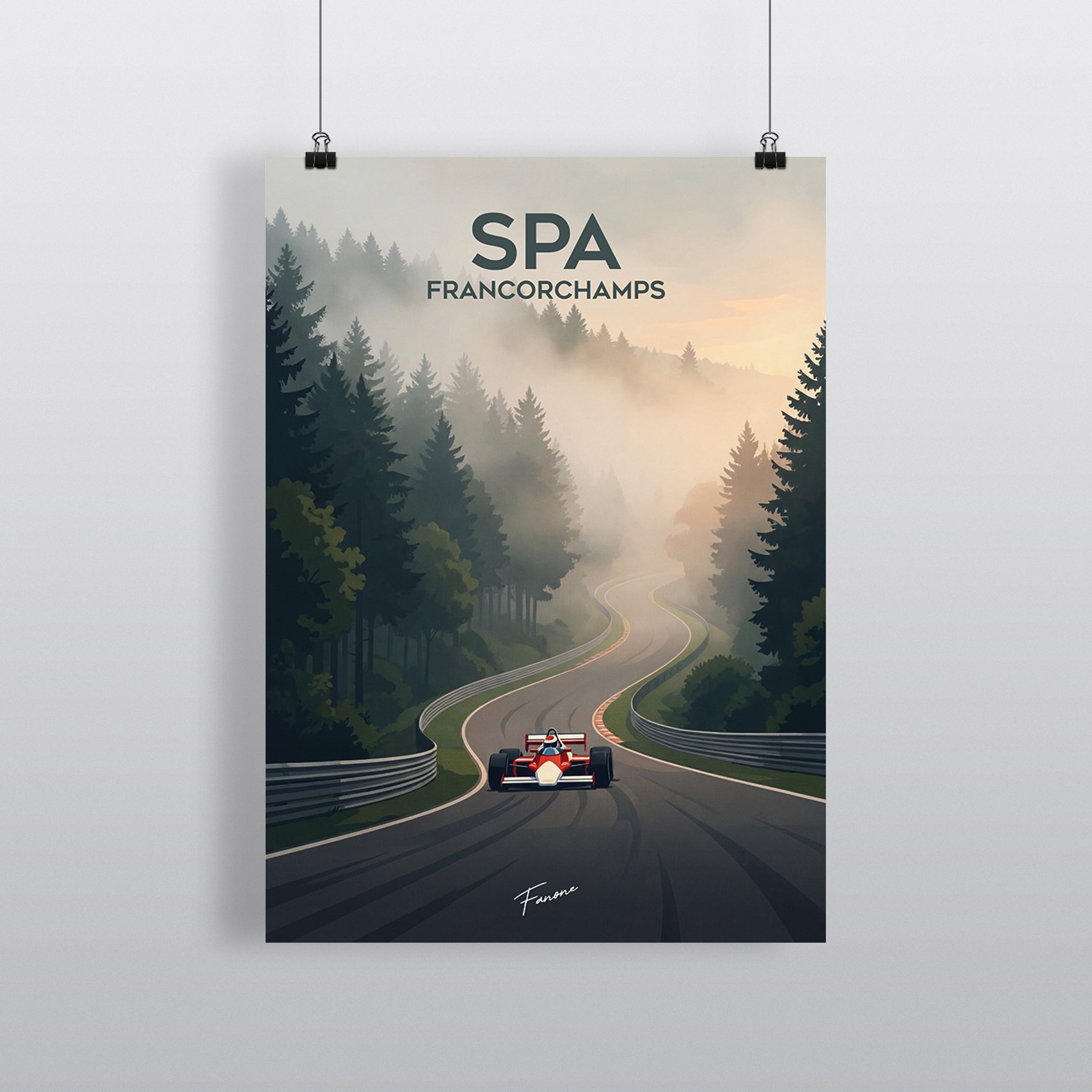 Spa Vintage Art Poster mit Eau Rouge im Morgennebel
