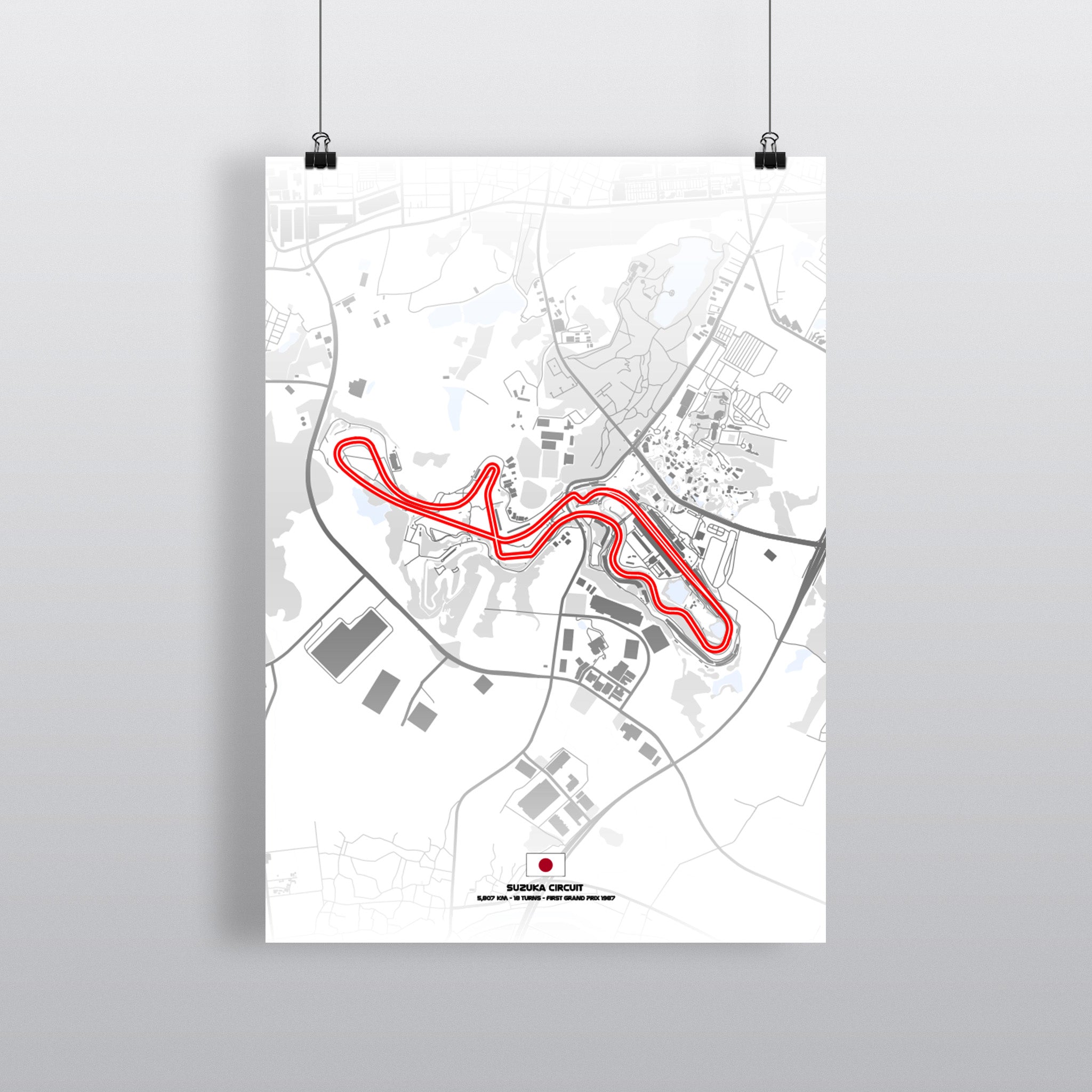 Suzuka Premium-Poster Light Edition mit Streckenführung in Schwarz auf Weiß