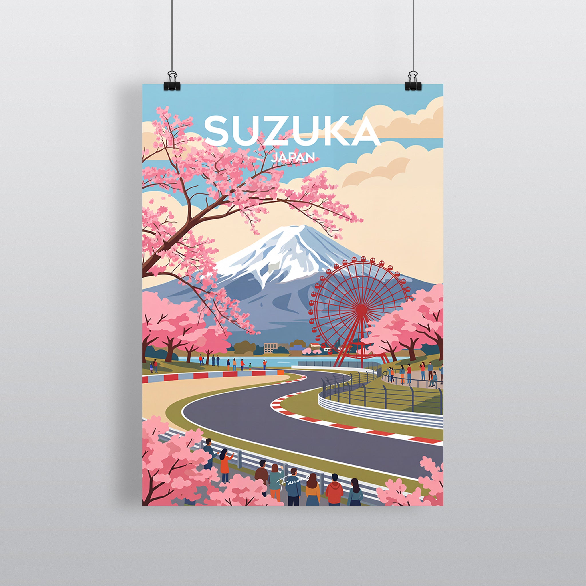 Suzuka Vintage Art Poster mit Kirschblüten und Mount Fuji