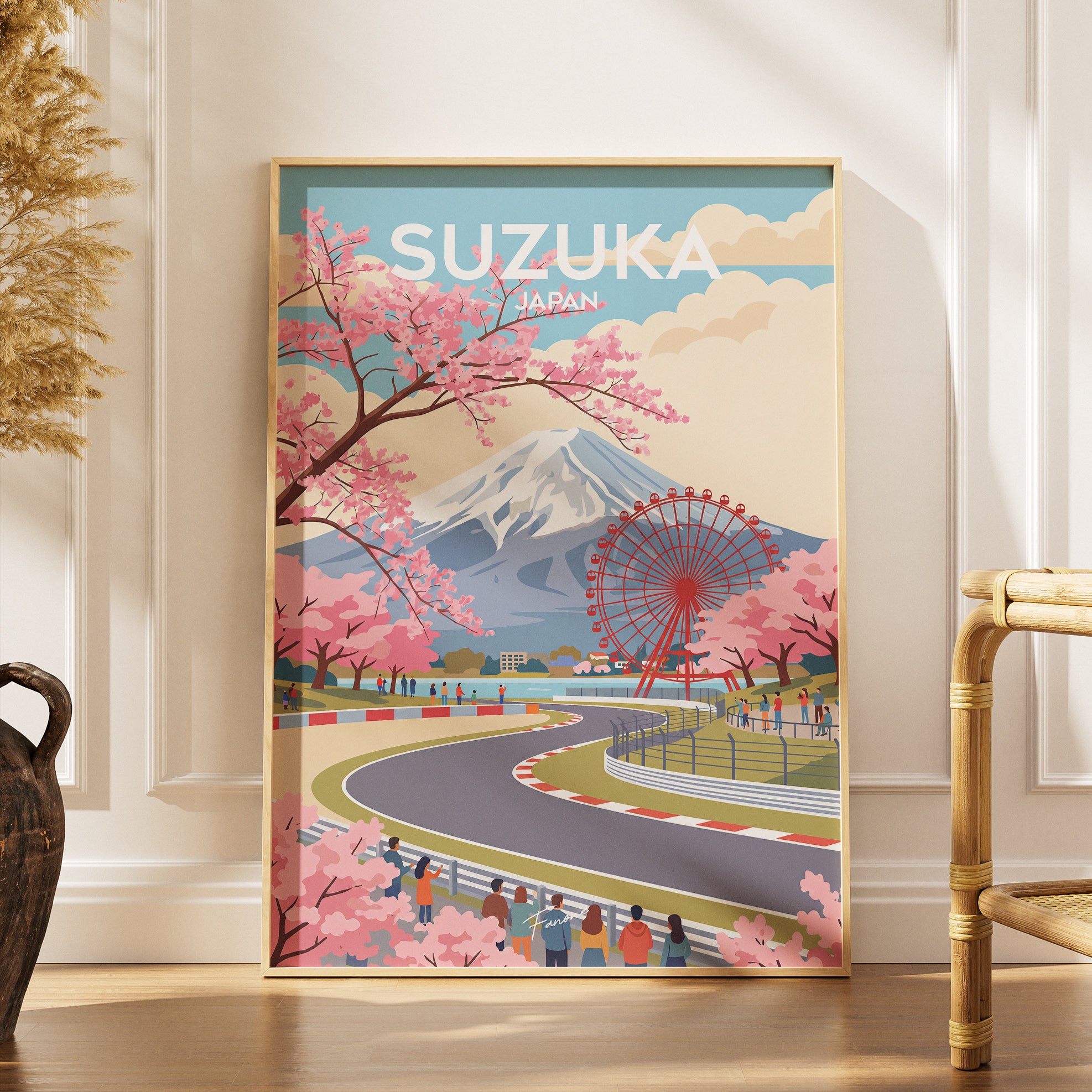 Suzuka Vintage Poster gerahmt an grauer Wand