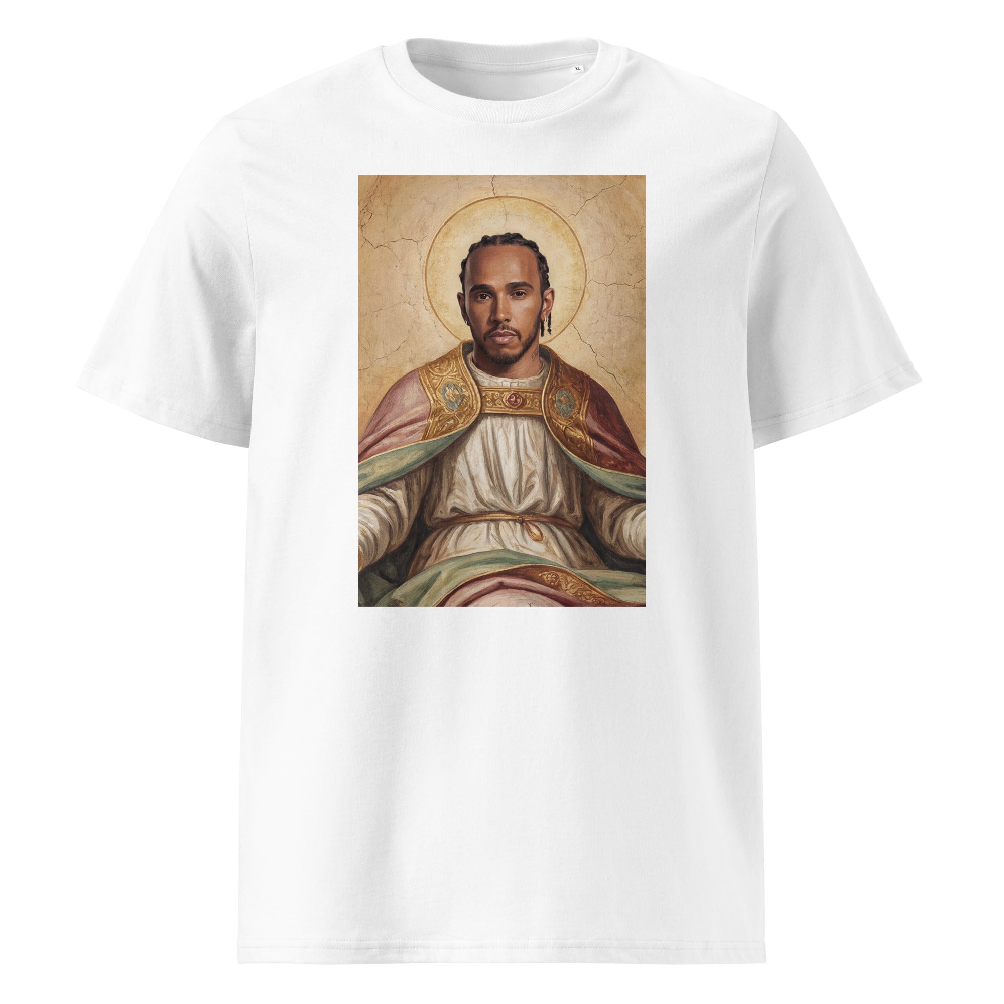 Heiliger Lewis T-Shirt in Weiß – Vorderansicht mit Hamilton-Heiligenmotiv