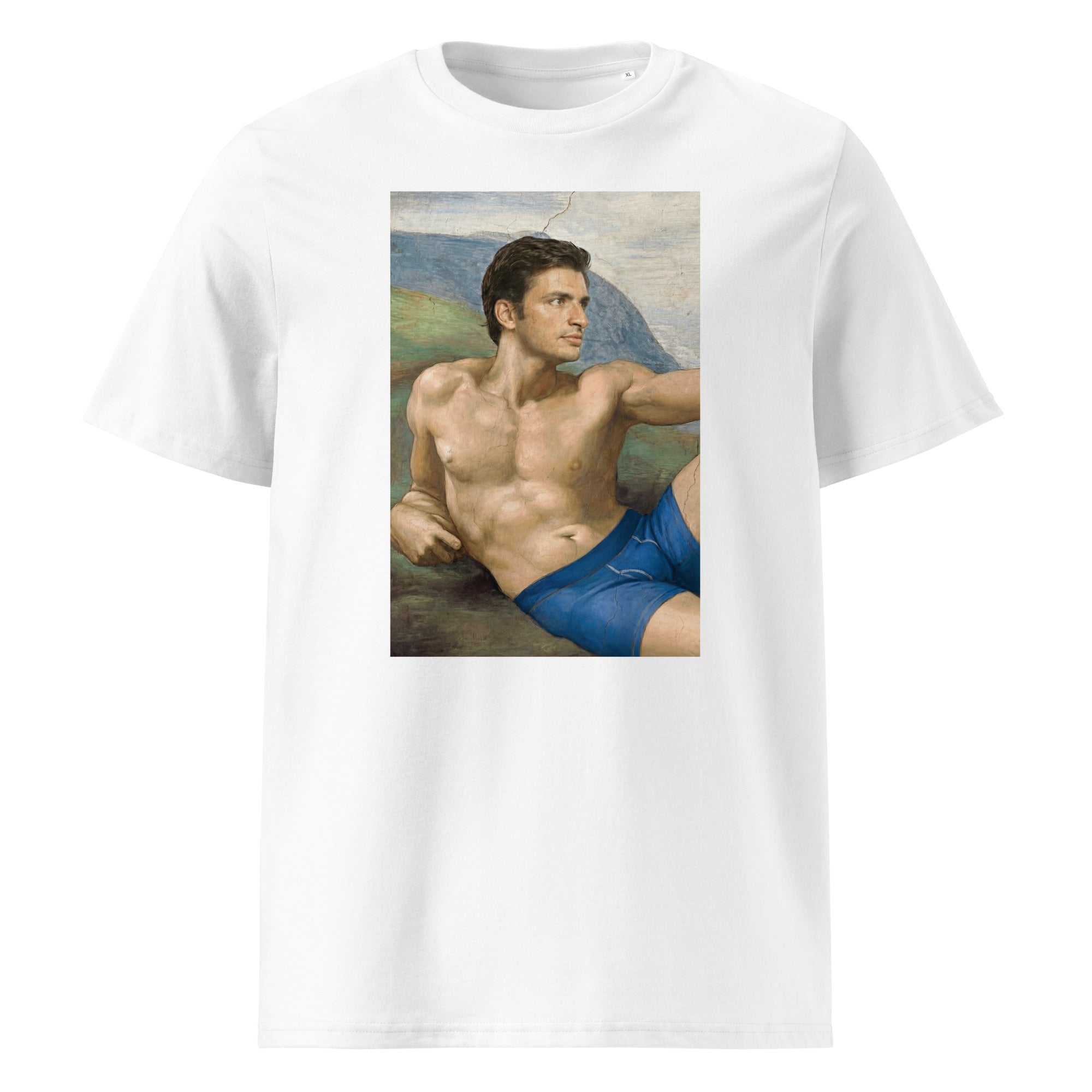 Heiliger Carlos T-Shirt – weißes Bio-Baumwoll-Shirt mit Sainz-Heiligenmotiv