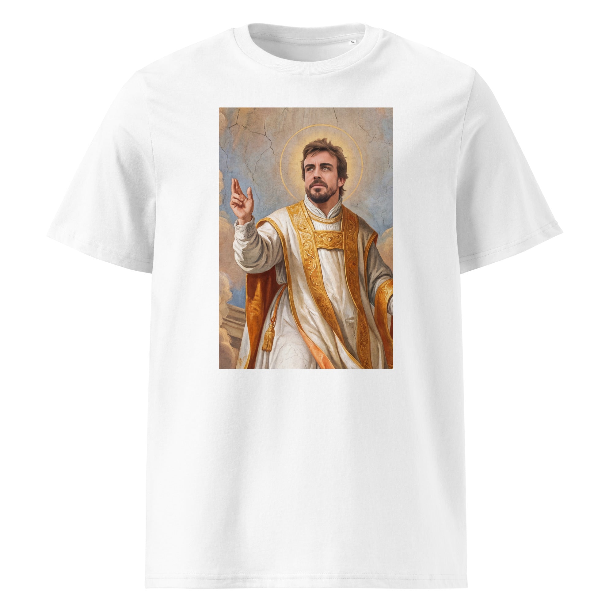 Heiliger Fernando T-Shirt – weißes Bio-Baumwoll-Shirt mit Alonso-Heiligenmotiv