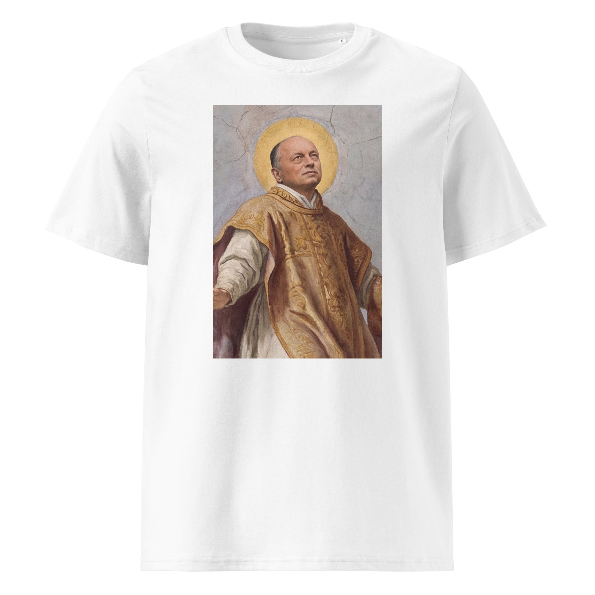 Heiliger Fridericus T-Shirt – weißes Bio-Baumwoll-Shirt mit Vasseur-Heiligenmotiv