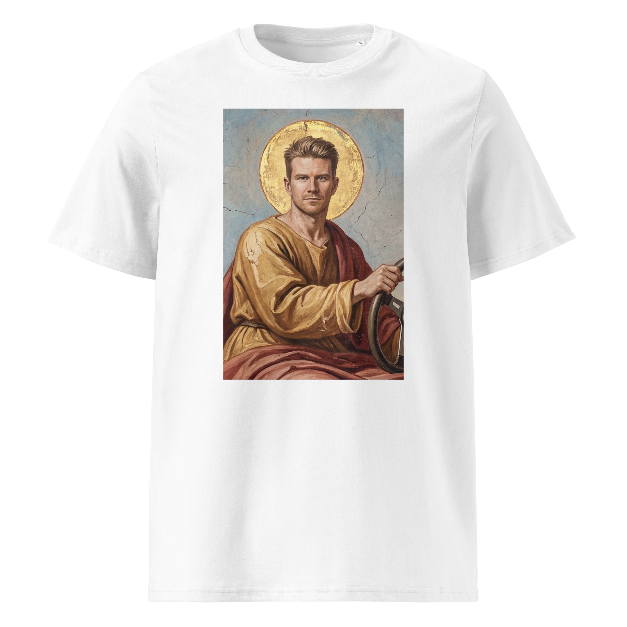 Heiliger Nicolaus T-Shirt – weißes Bio-Baumwoll-Shirt mit Hülkenberg-Heiligenmotiv