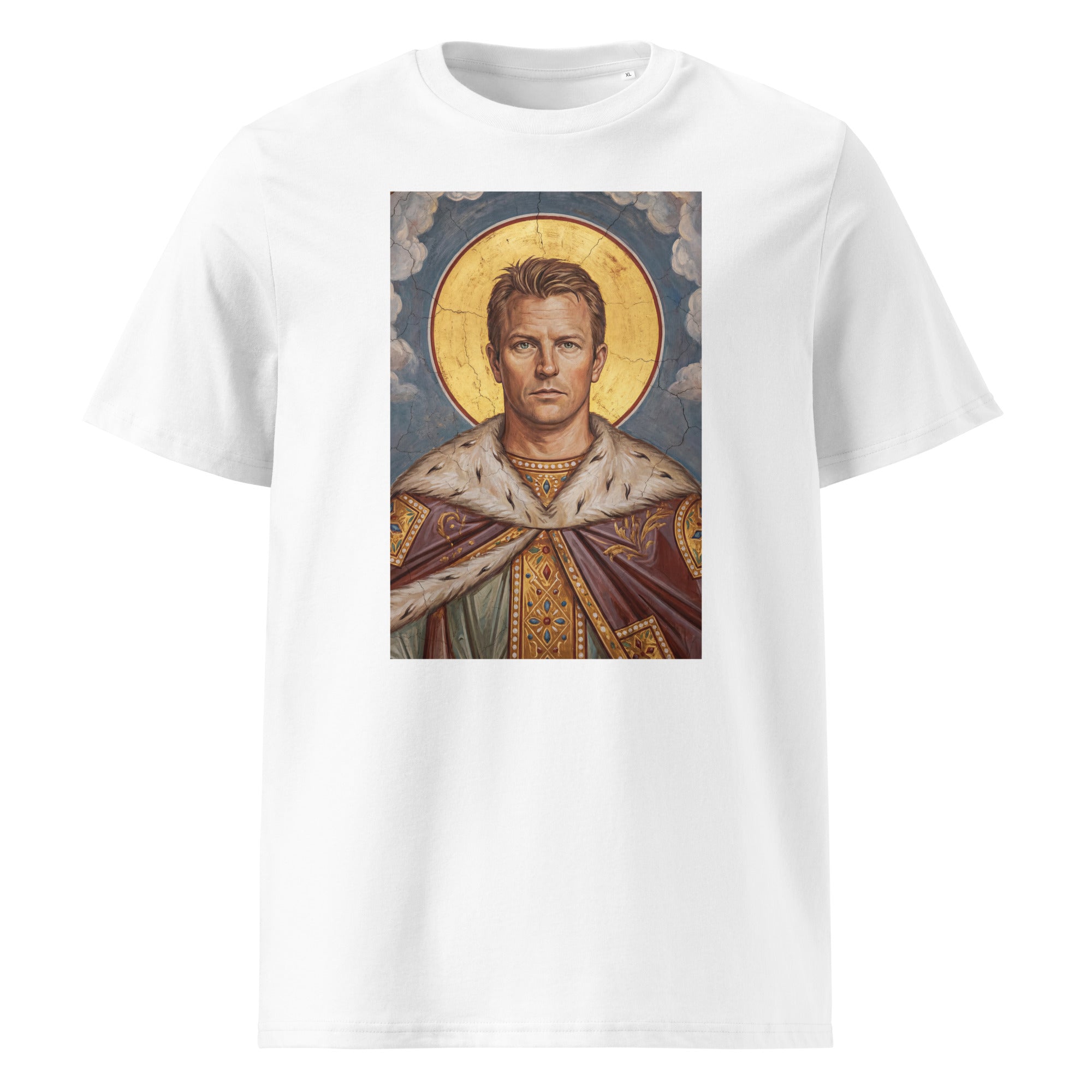 Heiliger BWOA T-Shirt – weißes Bio-Baumwoll-Shirt mit Räikkönen-Heiligenmotiv