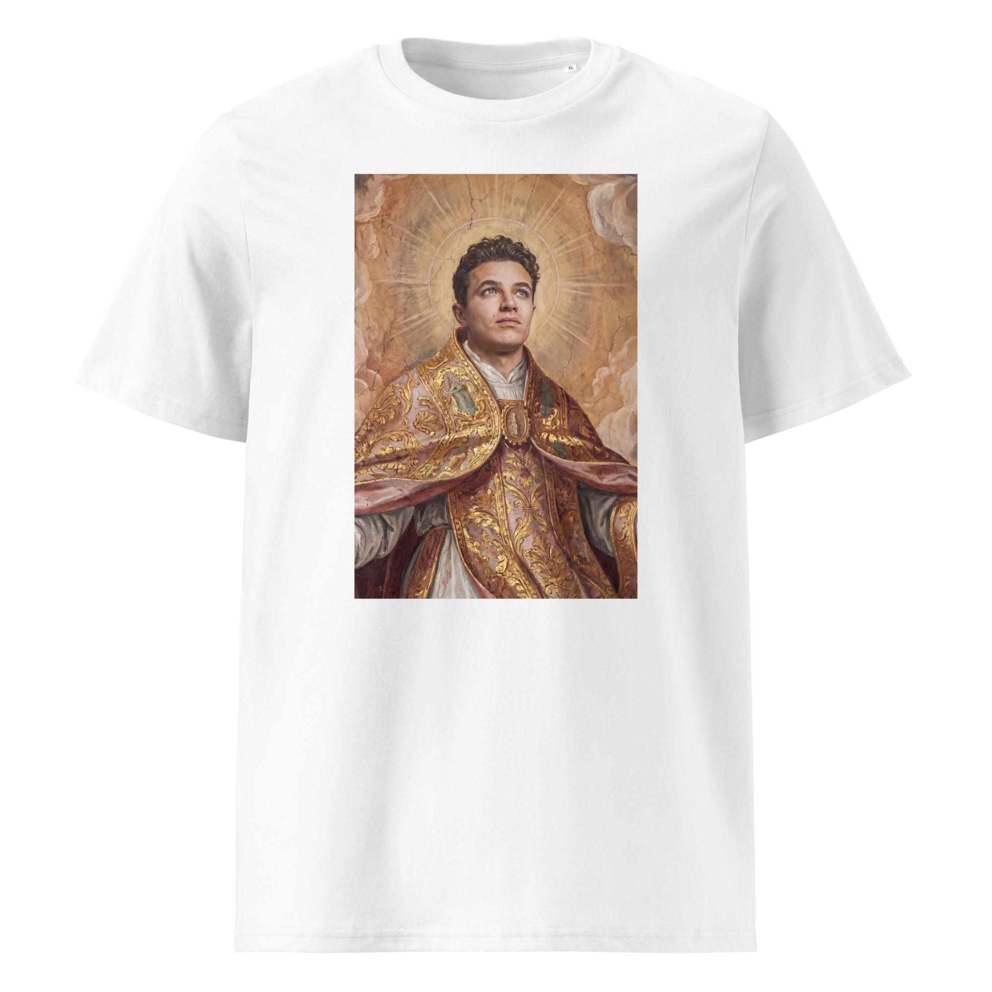 Heiliger Lando T-Shirt – weißes Bio-Baumwoll-Shirt mit Norris-Heiligenmotiv
