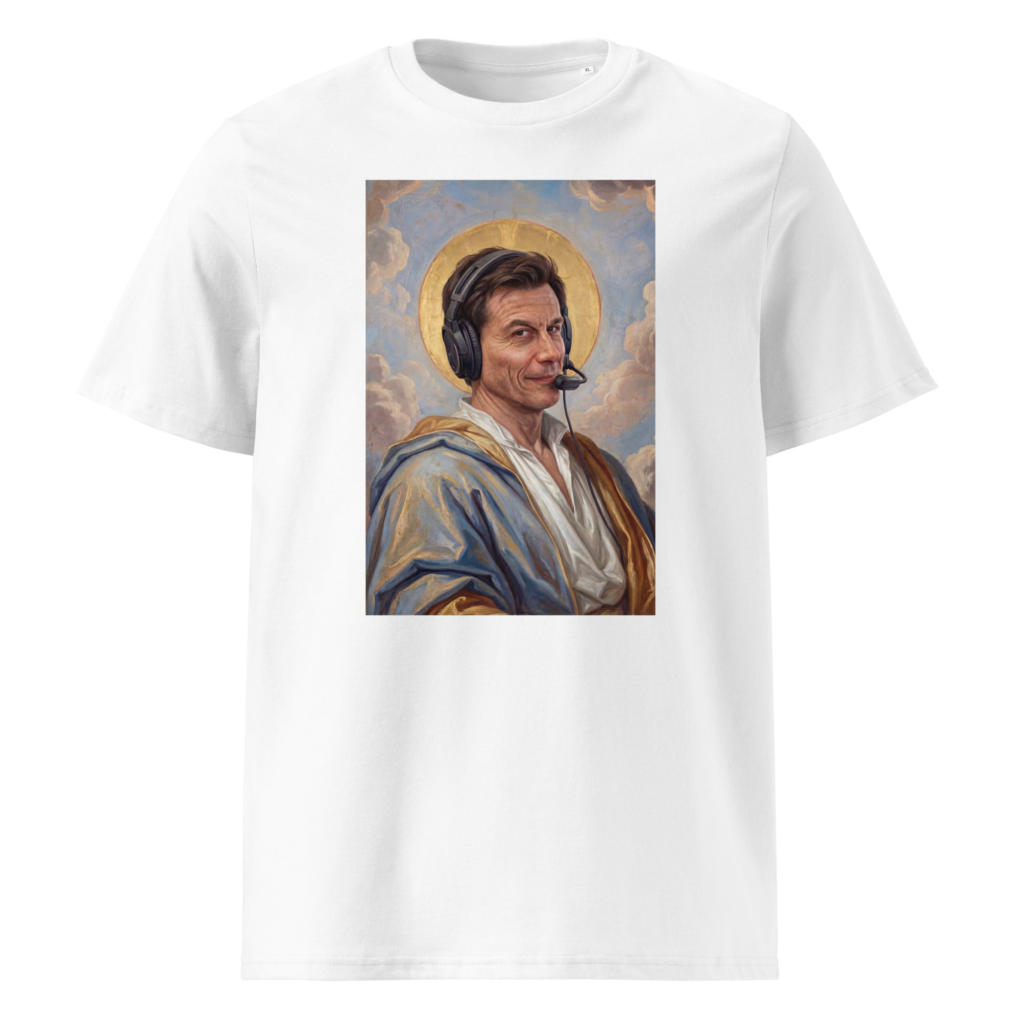 Heiliger Toto T-Shirt – weißes Bio-Baumwoll-Shirt mit Toto-Wolff-Heiligenmotiv