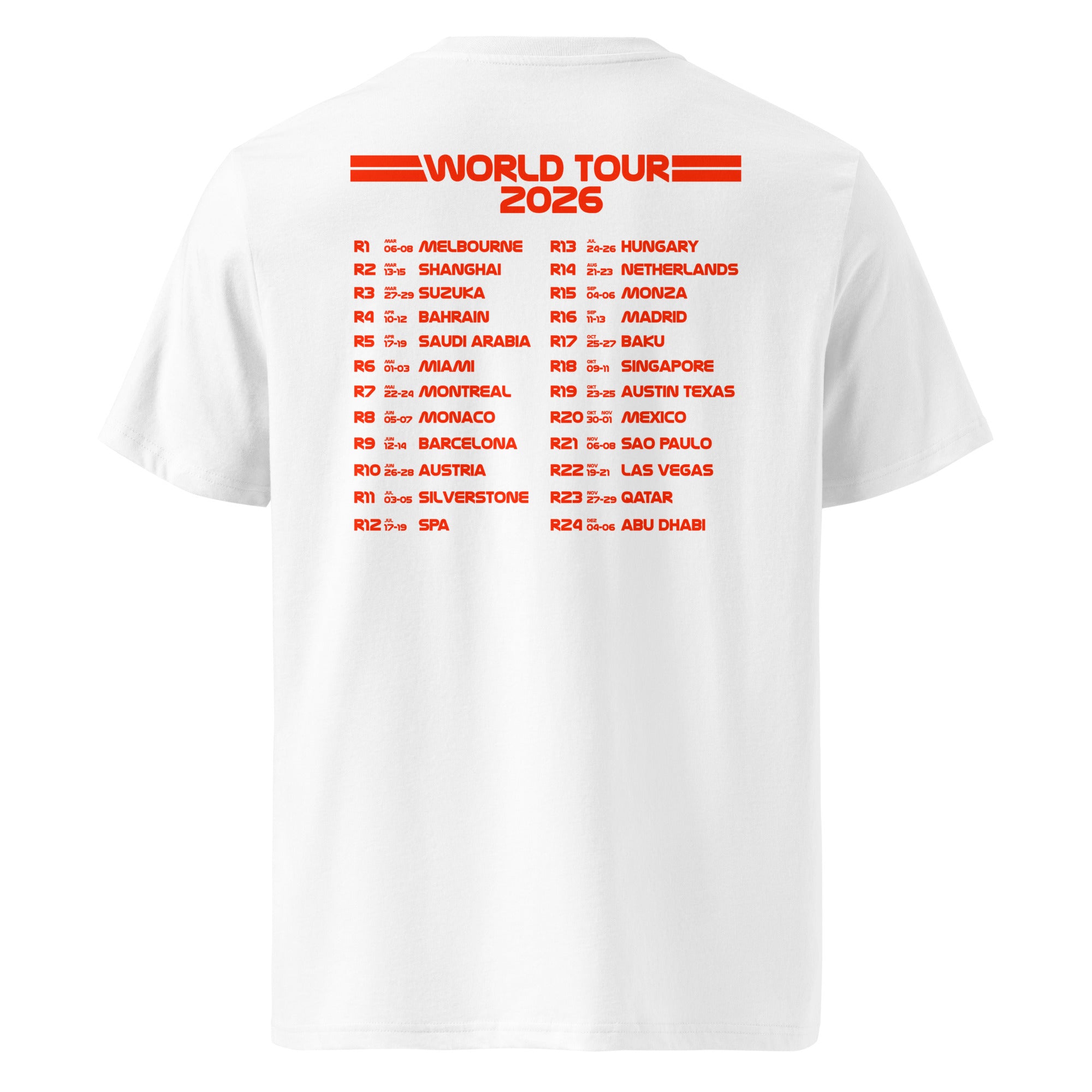 World Tour 2026 T-Shirt weiß Rückansicht – 24 Rennen