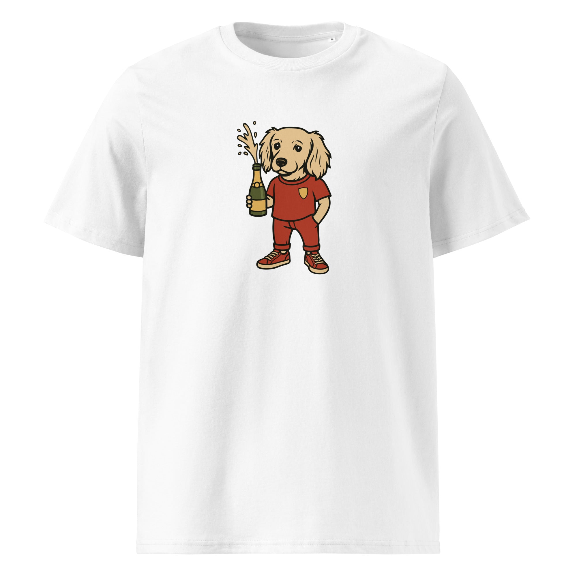 Leo Champagne T-Shirt weiß – Leclercs Hund mit Champagner
