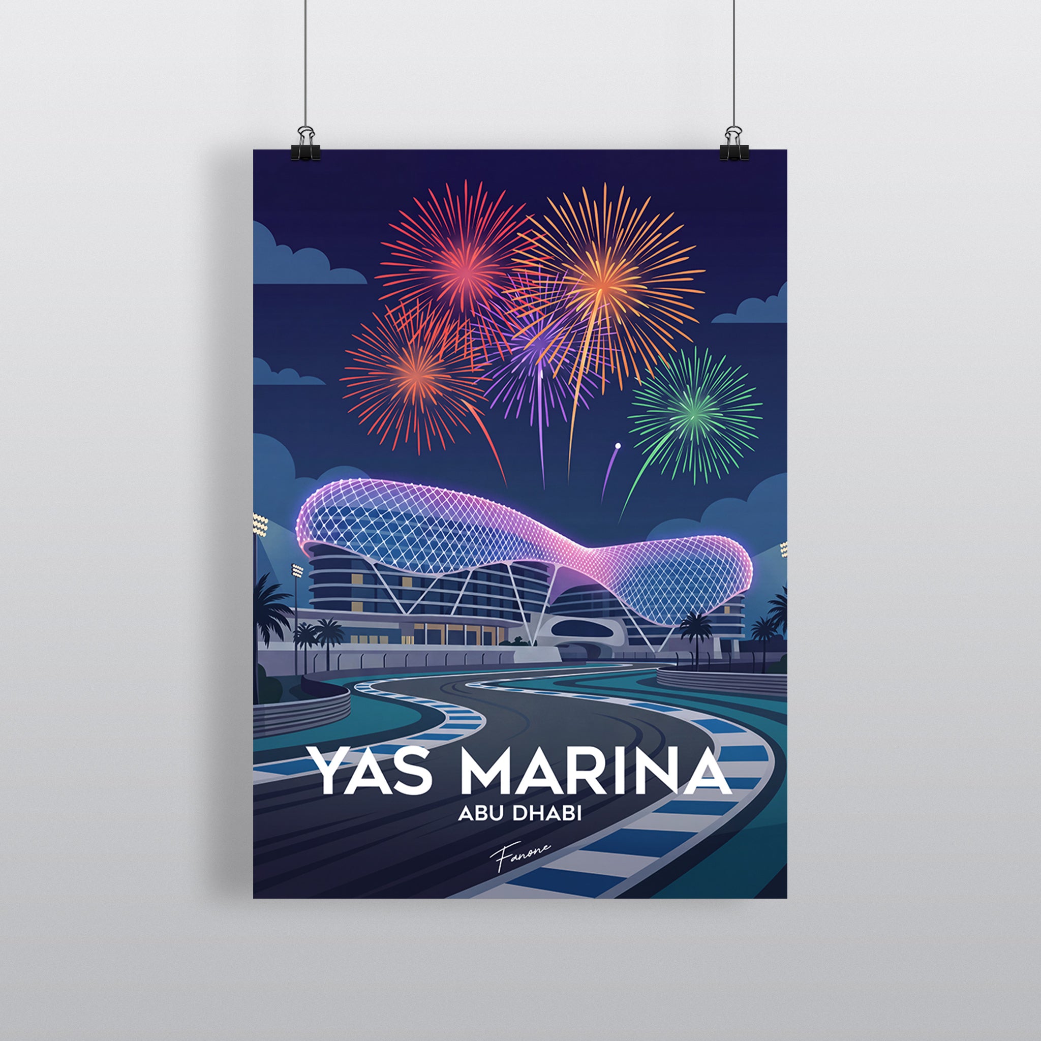 Yas Marina Vintage Art Poster mit beleuchtetem W Hotel und Feuerwerk