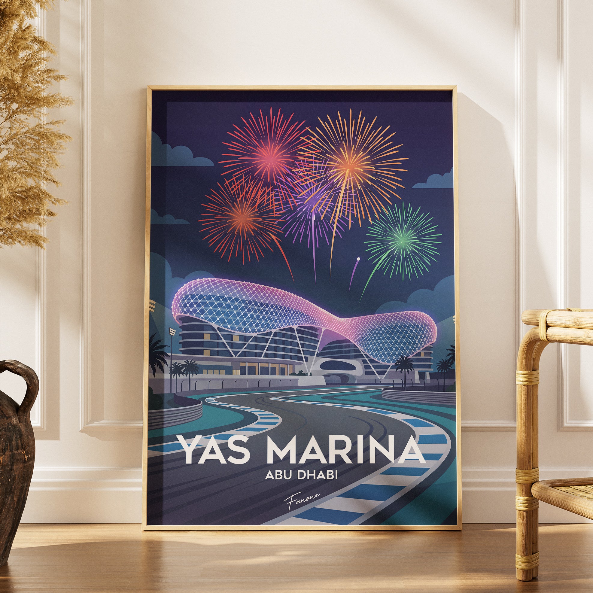Yas Marina Vintage Poster gerahmt an grauer Wand